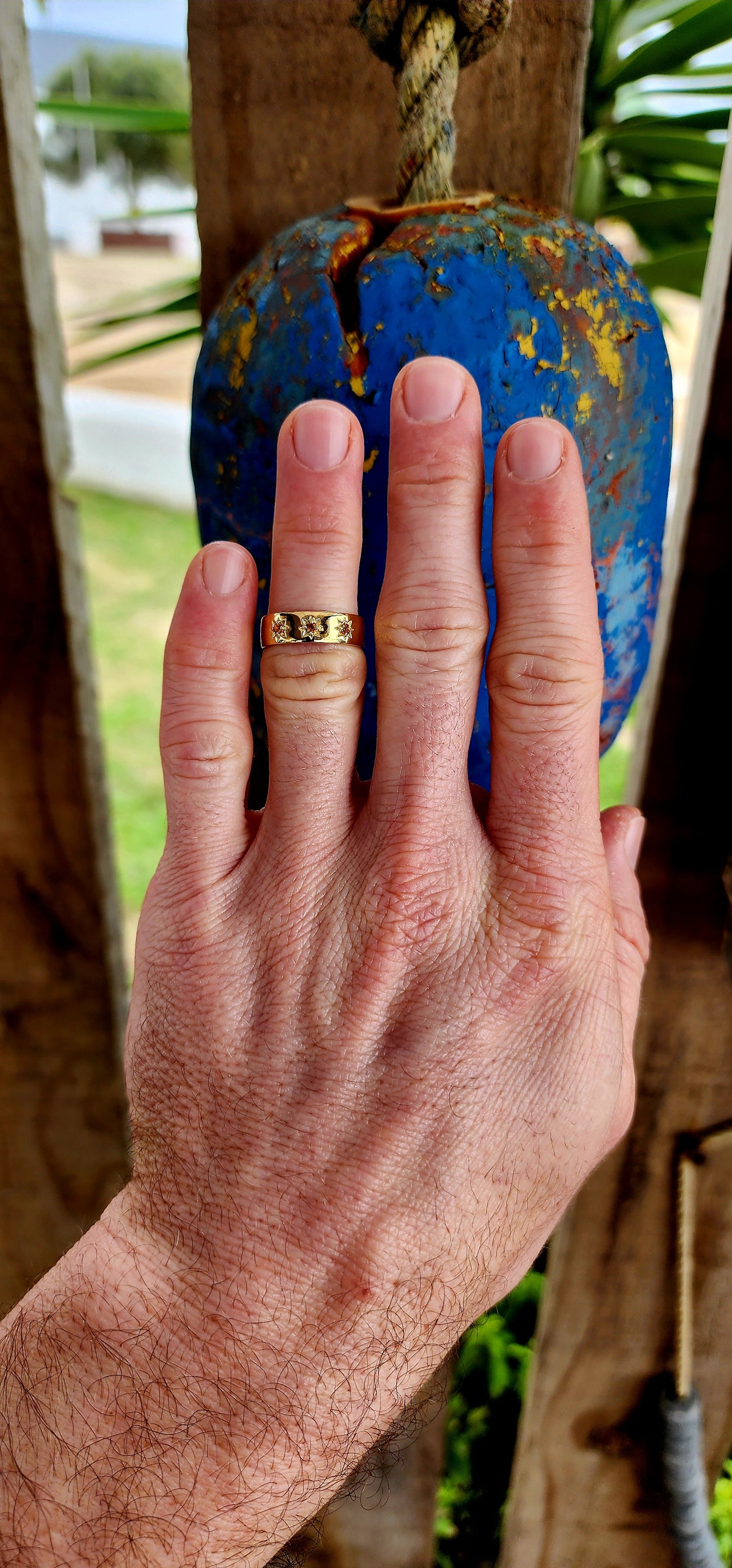 A Golden Gypsy Ring with Citrine Stardust.
Bold, luminous, and radiating warmth, this unisex gypsy ring is crafted from solid sterling silver and richly plated with glowing 18ct yellow gold.