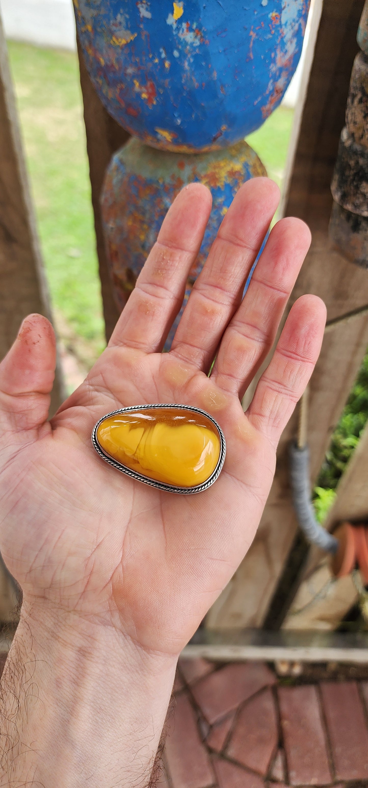 A Golden Drop of Prehistoric Sunshine – Vintage Sterling Silver & Egg Yolk Amber Brooch.