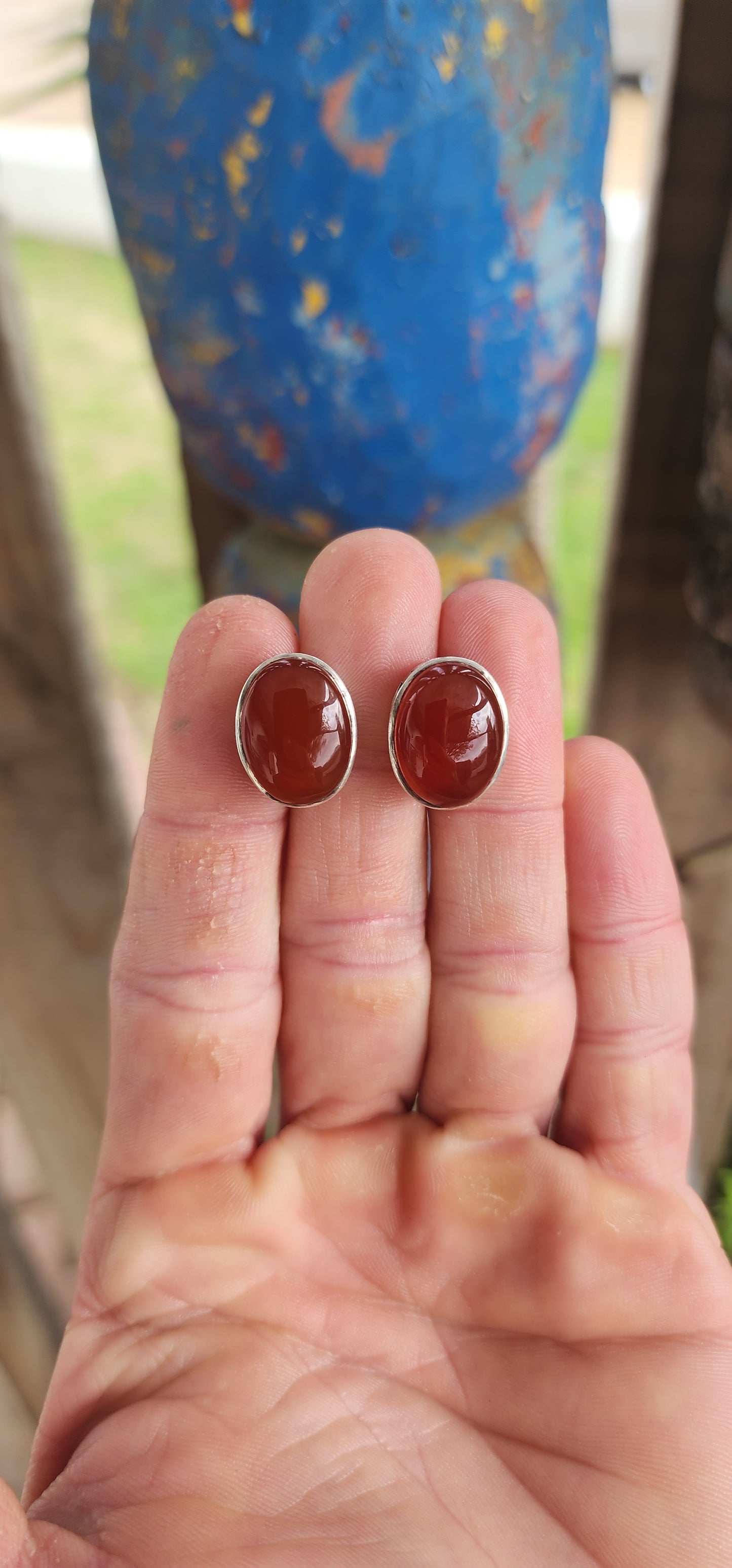 Sterling Silver & Carnelian Cabochon Artisan Earrings.