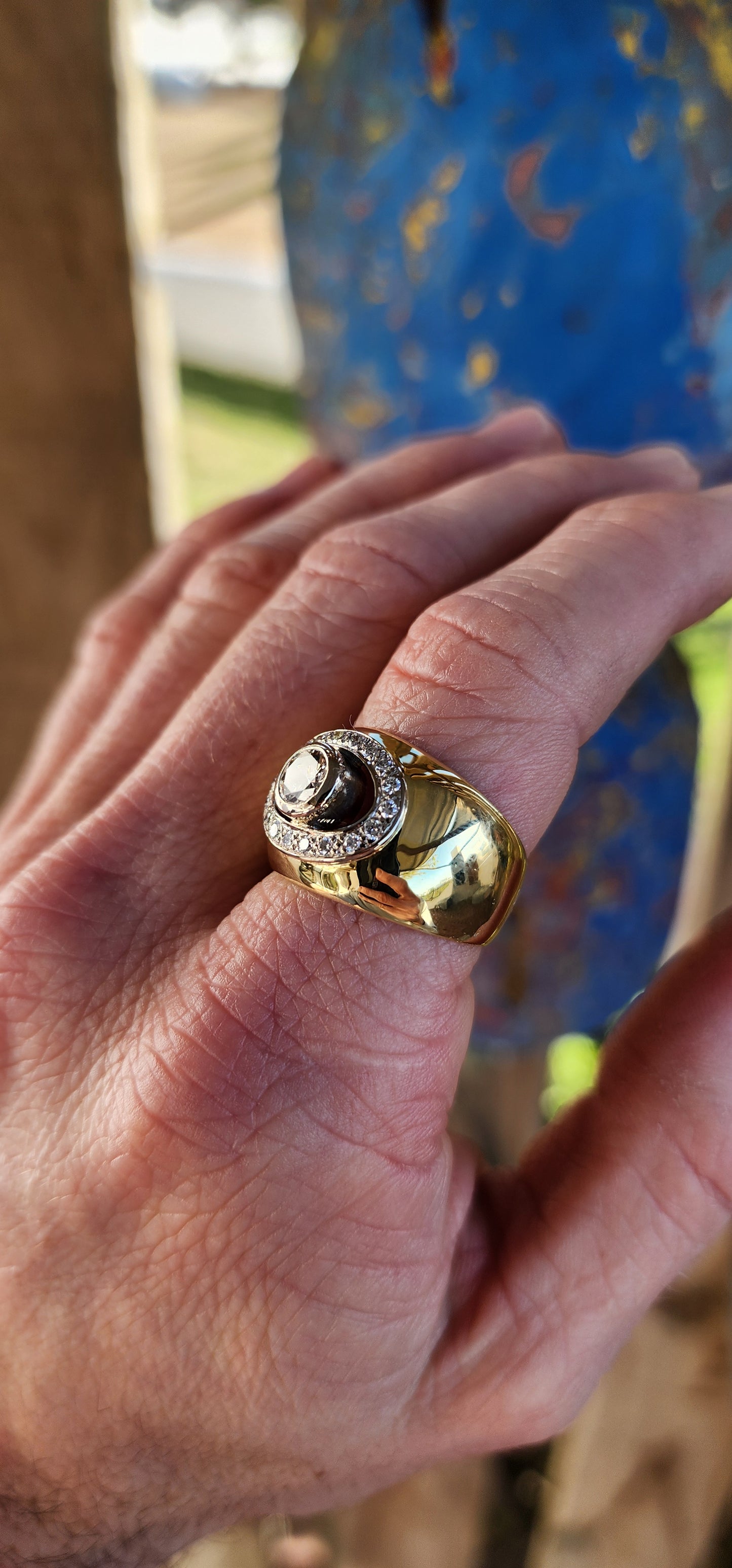 Step into the unapologetic glamour of the 1980s with this showstopping super chunky domed cocktail ring, a powerful statement piece crafted in a lavish fusion of solid 18ct yellow and white gold.