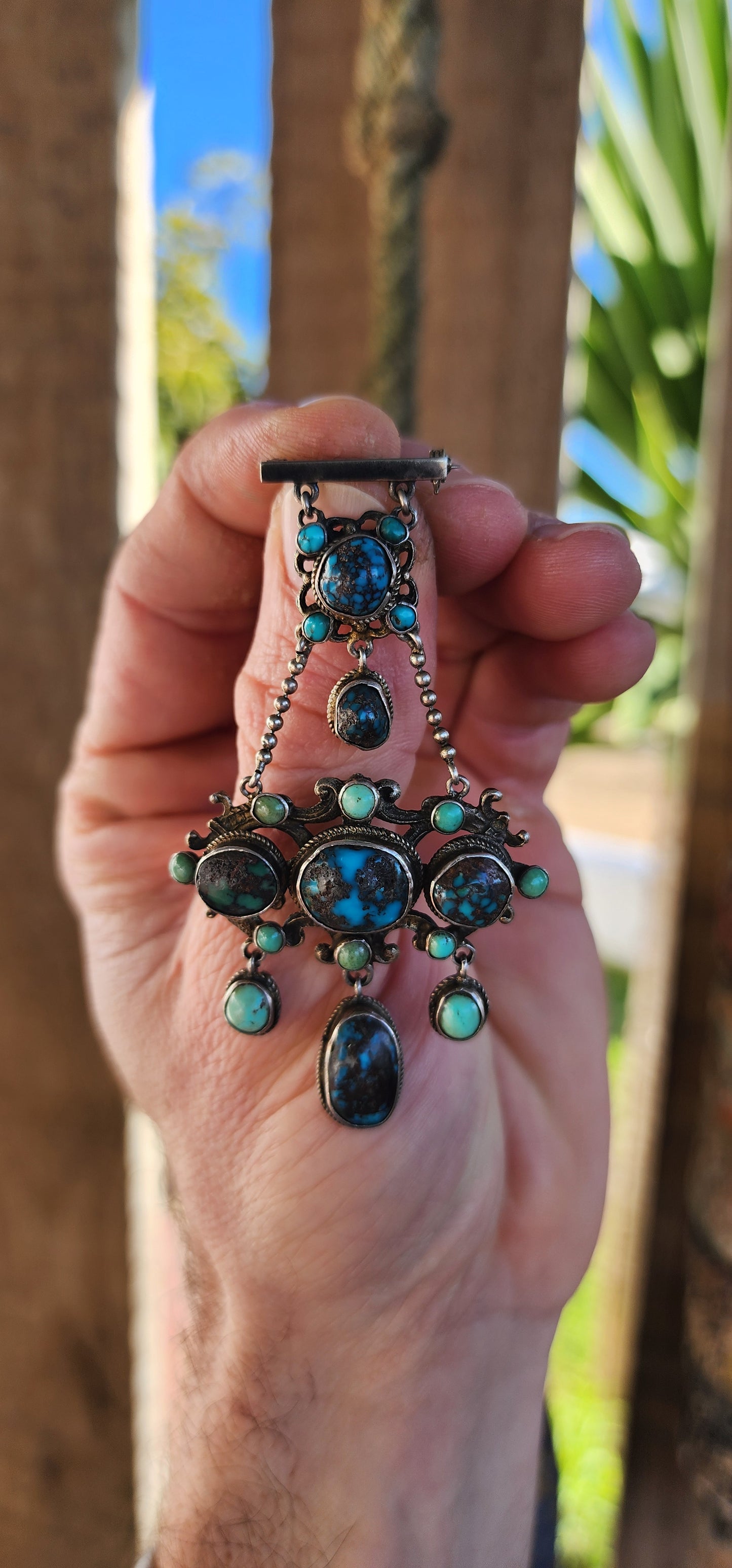 Antique Austro-Hungarian Sterling Silver and Natural Persian Turquoise Waterfall Brooch (Circa 1867–1900).