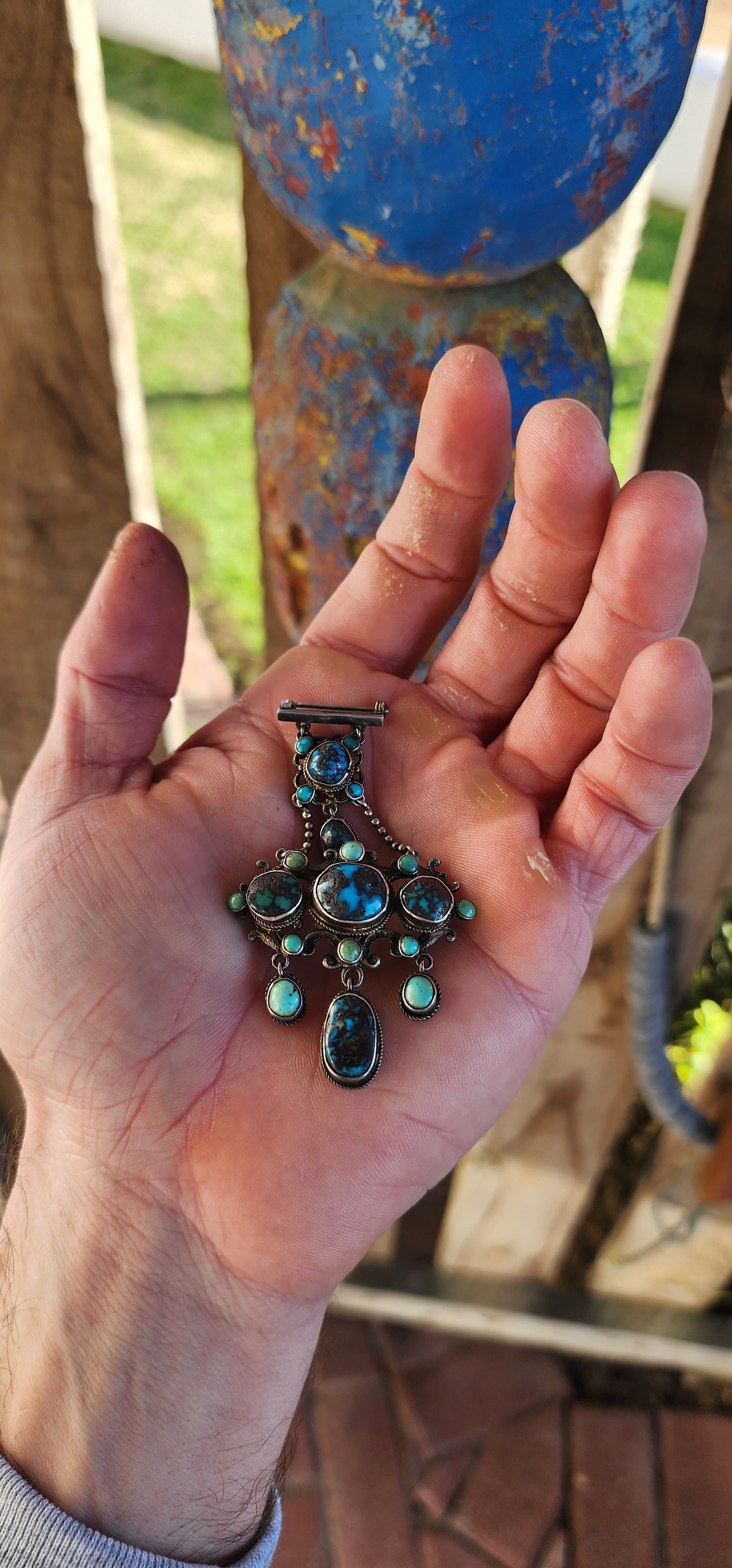 Antique Austro-Hungarian Sterling Silver and Natural Persian Turquoise Waterfall Brooch (Circa 1867–1900).