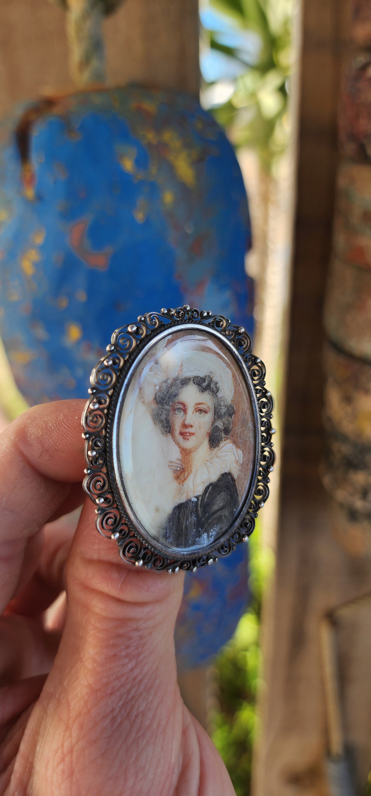 Antique Circa 1920s Hand-Painted Miniature Portrait Brooch/Pendant in 800 Silver.