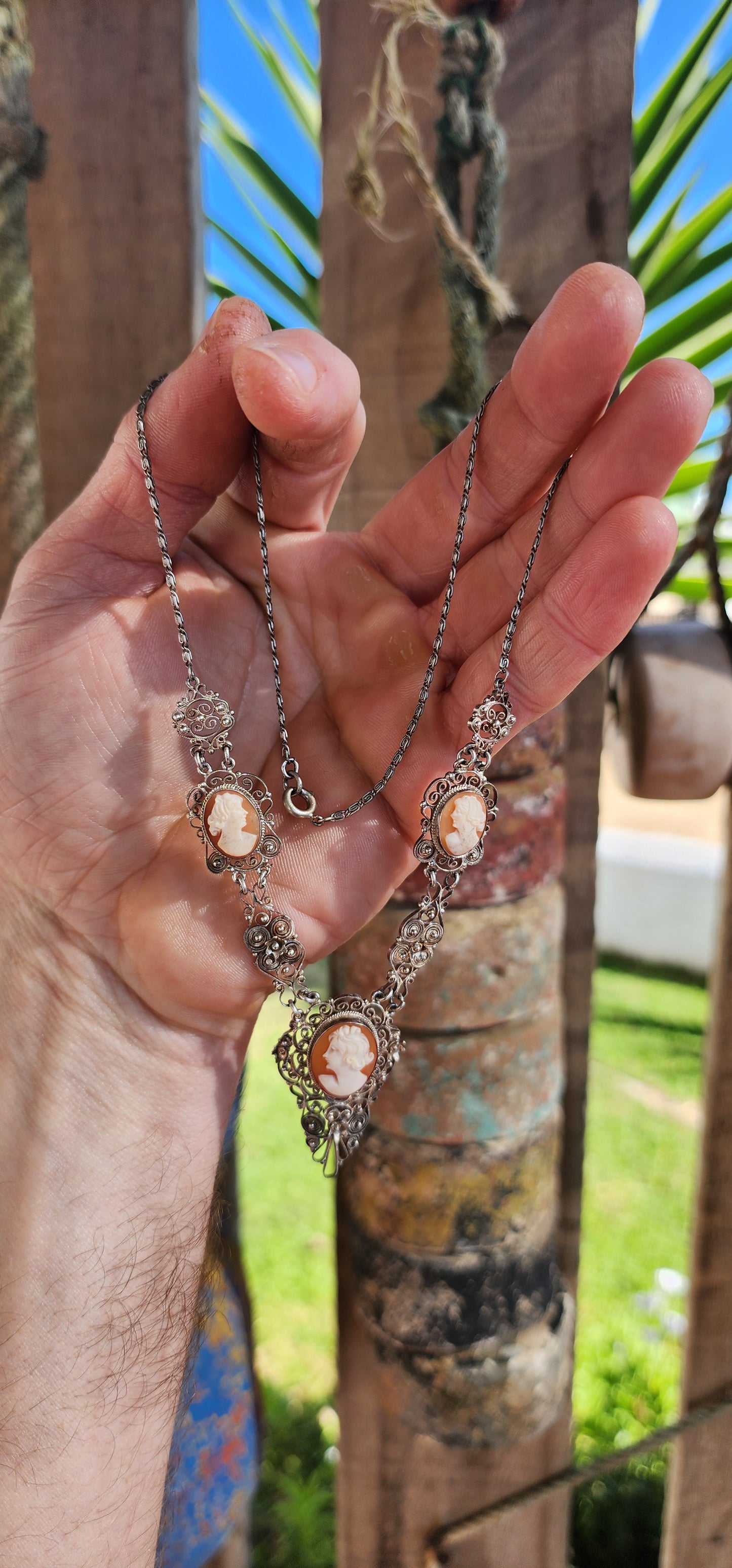 Vintage 1940's 800 Silver Filigree & Hand-Carved Shell Cameo Necklace.