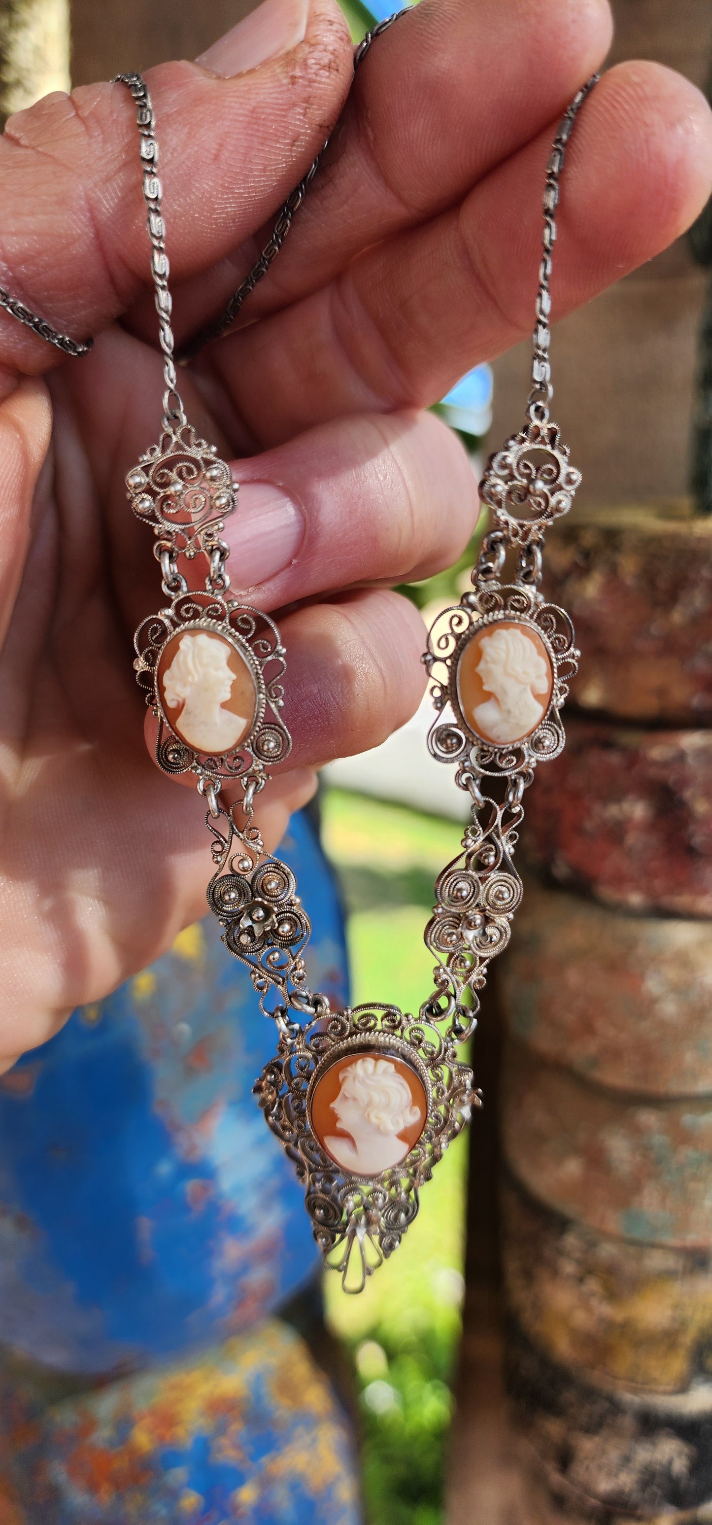Vintage 1940's 800 Silver Filigree & Hand-Carved Shell Cameo Necklace.