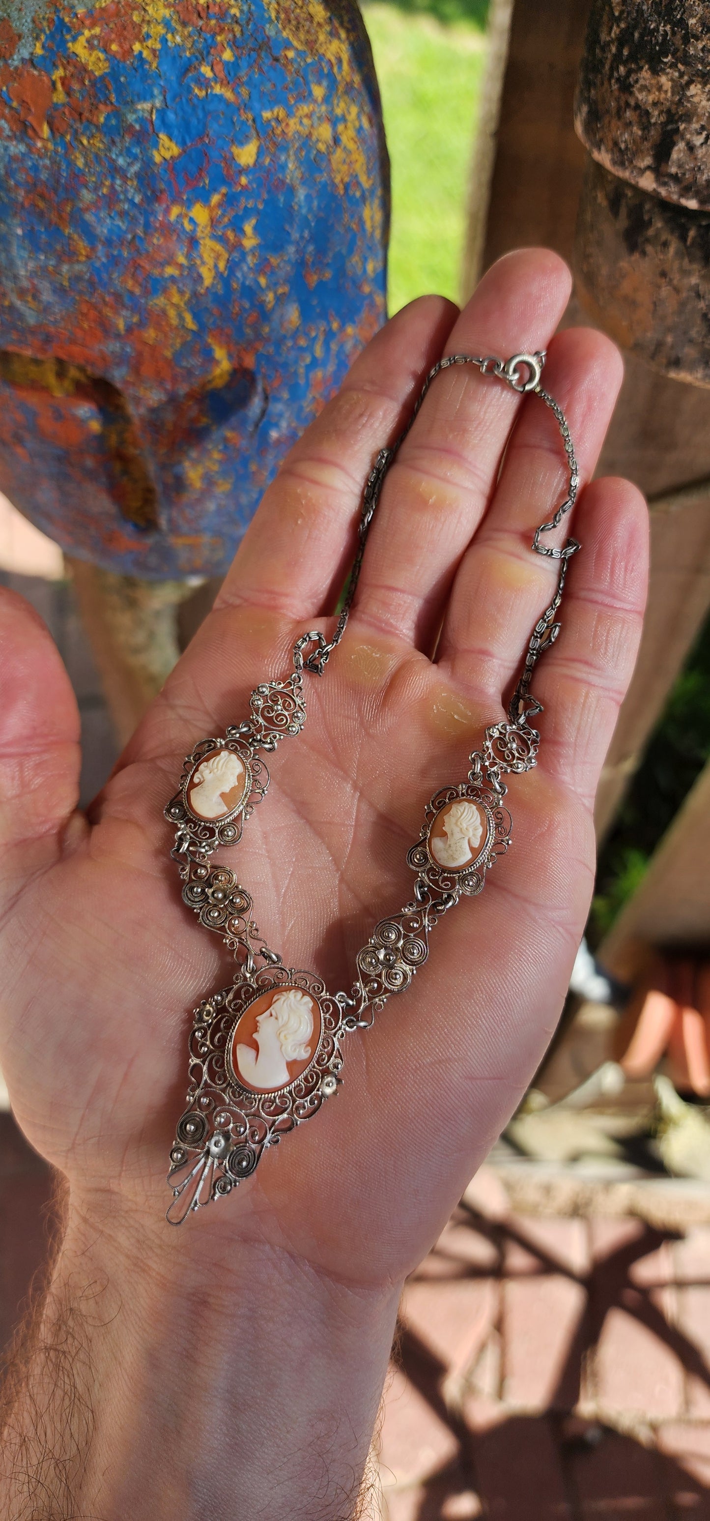 Vintage 1940's 800 Silver Filigree & Hand-Carved Shell Cameo Necklace.