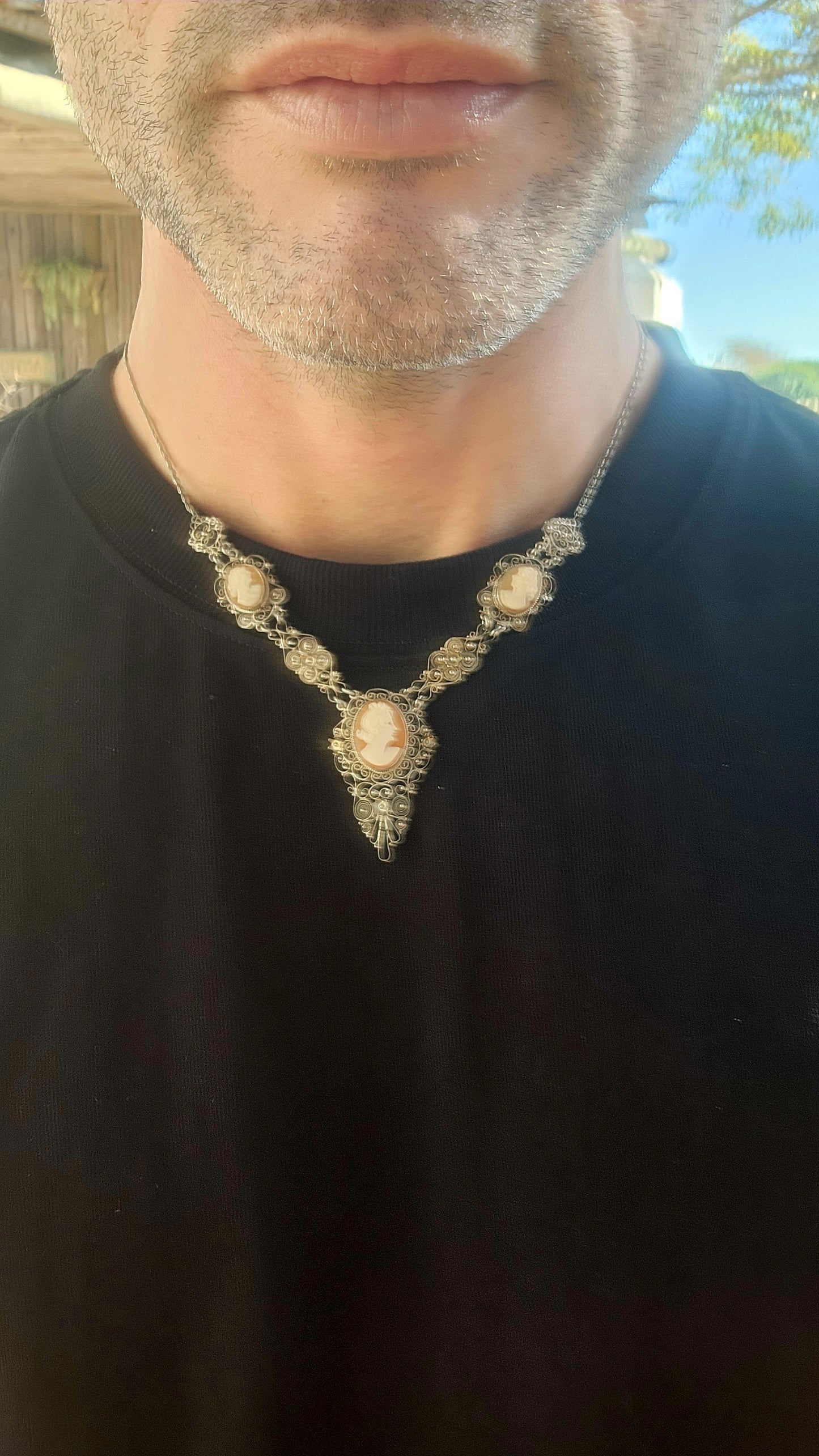 Vintage 1940's 800 Silver Filigree & Hand-Carved Shell Cameo Necklace.
