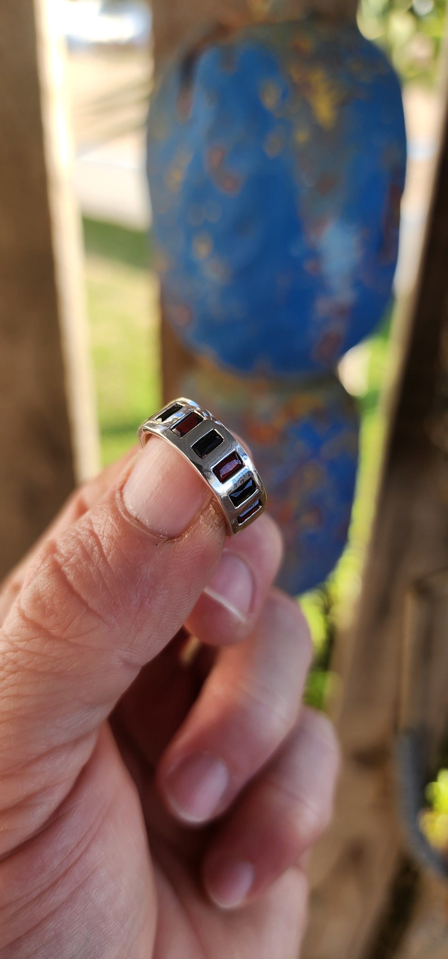 Bold Contrast – Garnet & Black Spinel Sterling Silver Half-Eternity Ring.