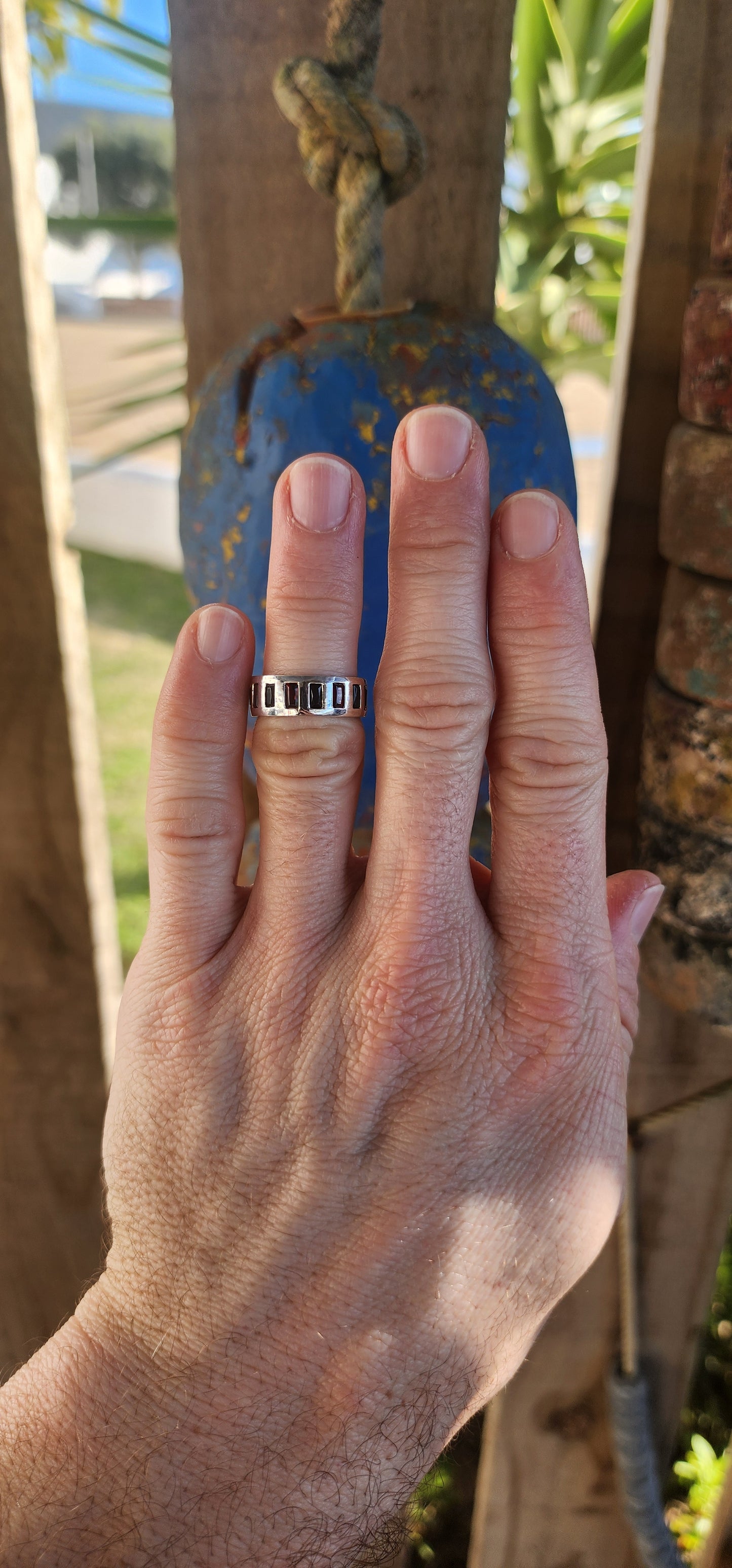 Bold Contrast – Garnet & Black Spinel Sterling Silver Half-Eternity Ring.