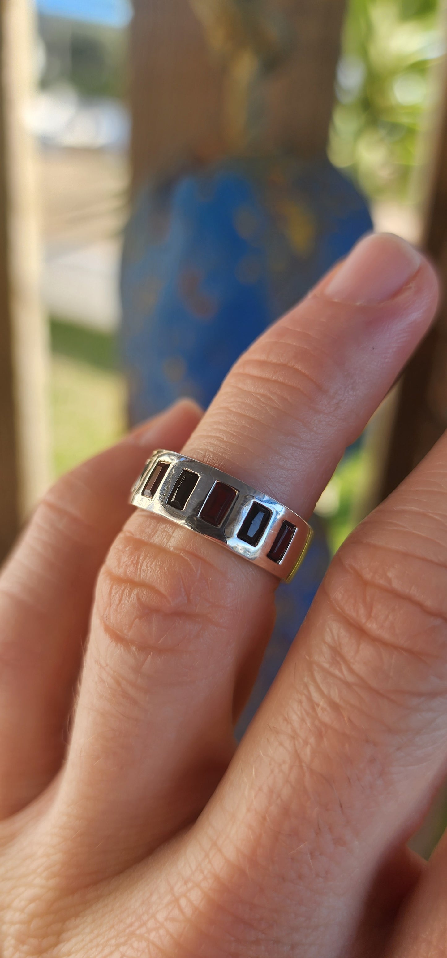 Bold Contrast – Garnet & Black Spinel Sterling Silver Half-Eternity Ring.