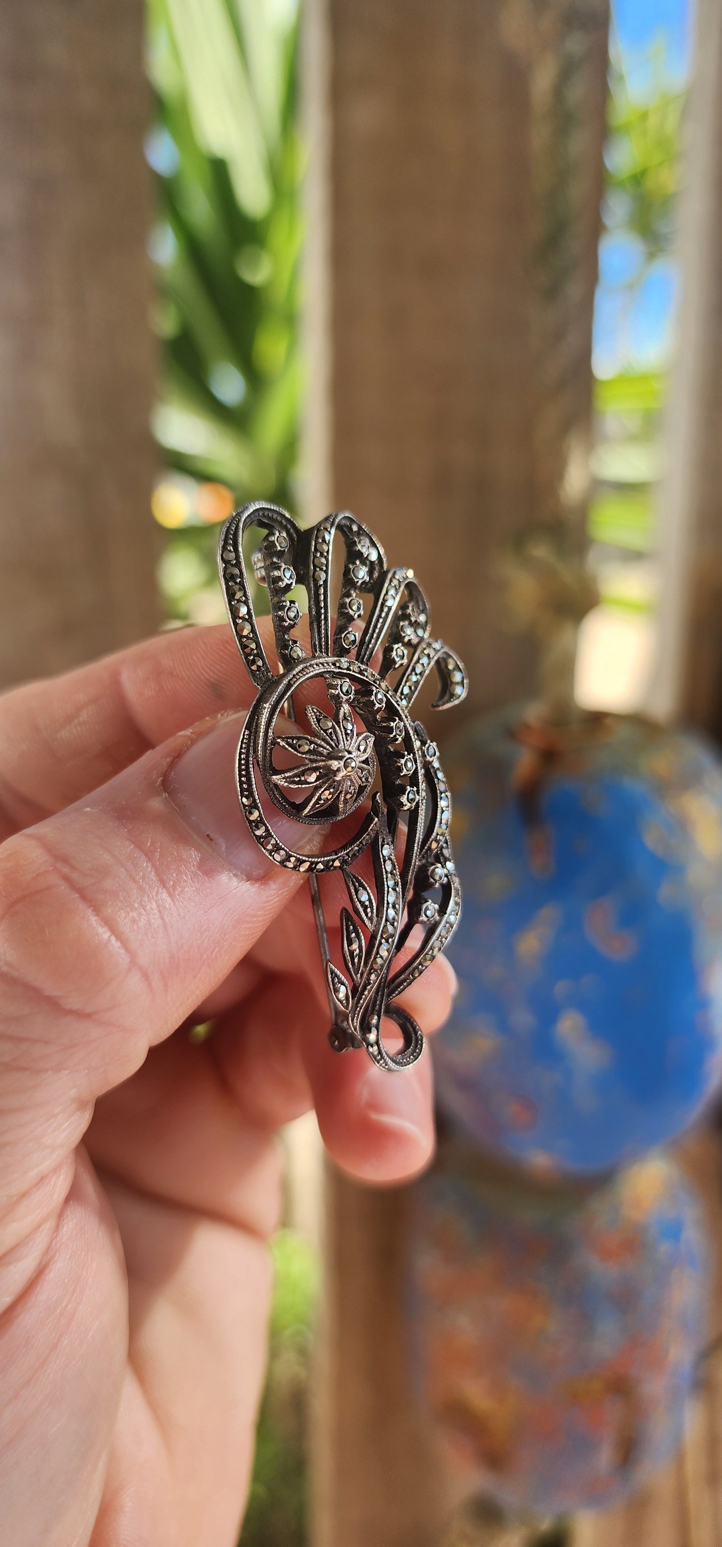 "Deco Bloom" – A 1930s Sterling Silver & Marcasite Floral Spray Brooch.