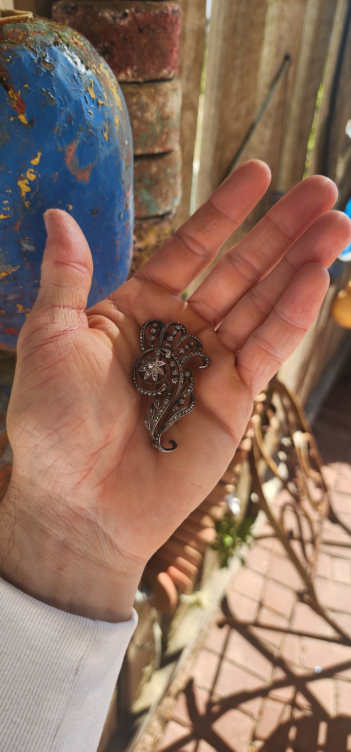 "Deco Bloom" – A 1930s Sterling Silver & Marcasite Floral Spray Brooch.