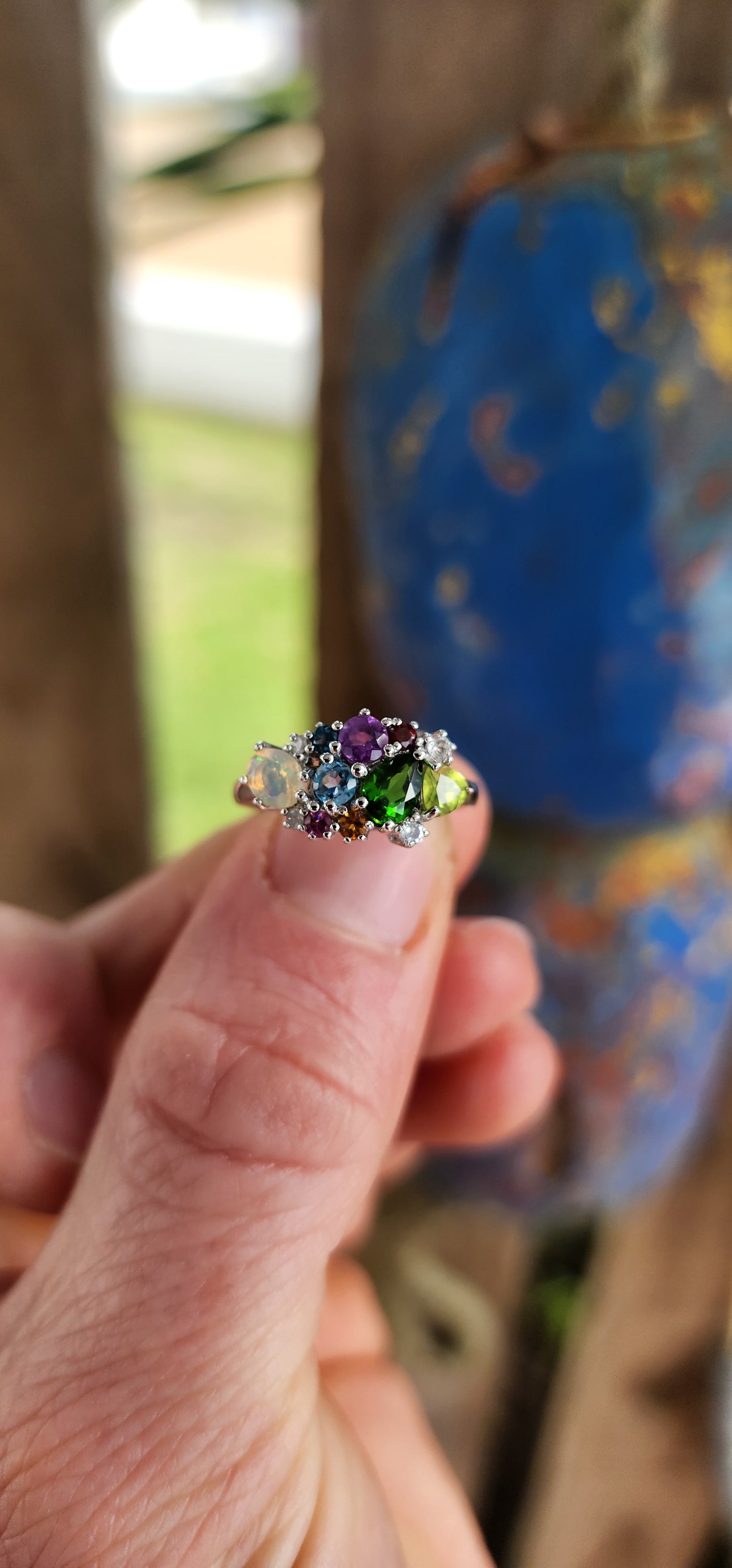 A Marvel of Color – Sterling Silver Multi-Gemstone Cluster Ring.