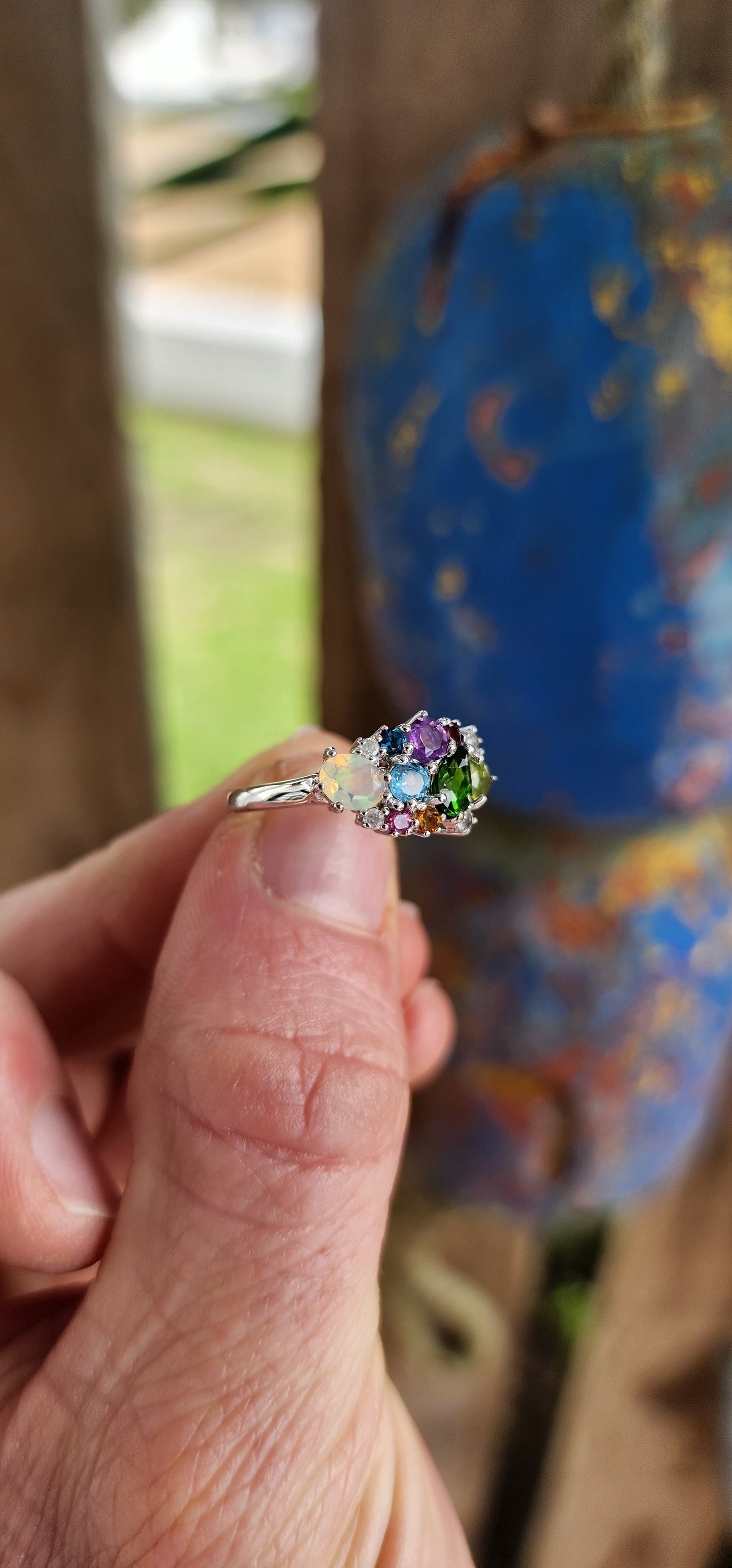 A Marvel of Color – Sterling Silver Multi-Gemstone Cluster Ring.