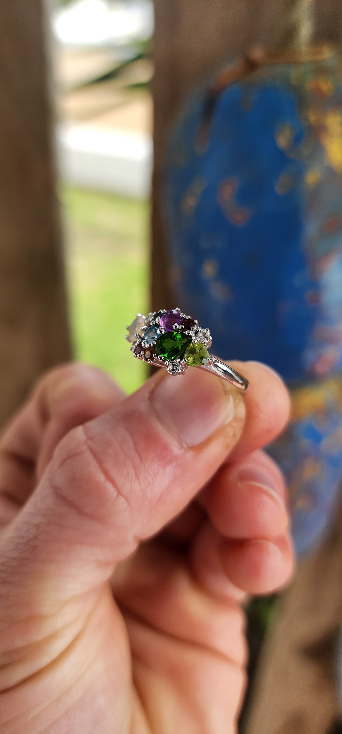 A Marvel of Color – Sterling Silver Multi-Gemstone Cluster Ring.