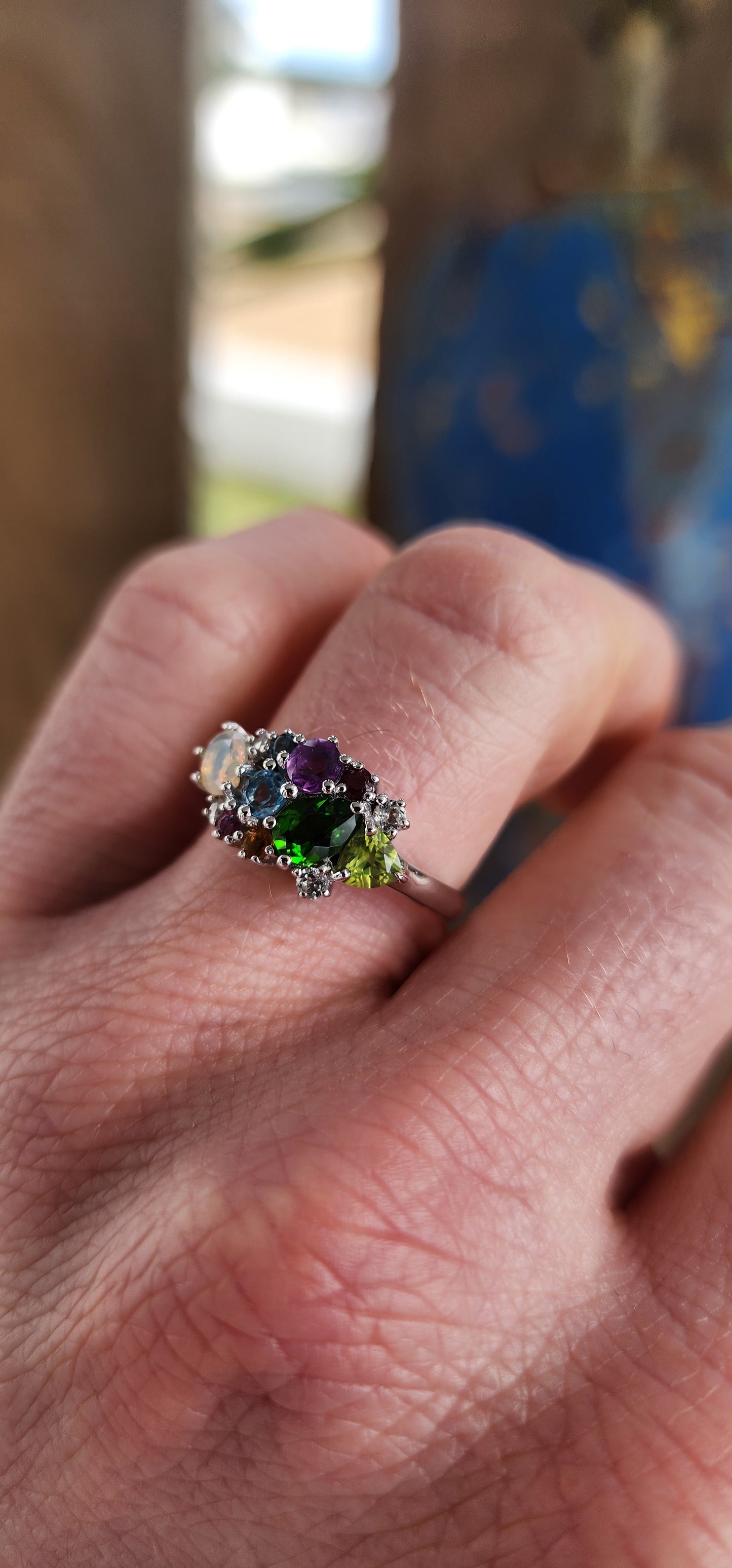 A Marvel of Color – Sterling Silver Multi-Gemstone Cluster Ring.