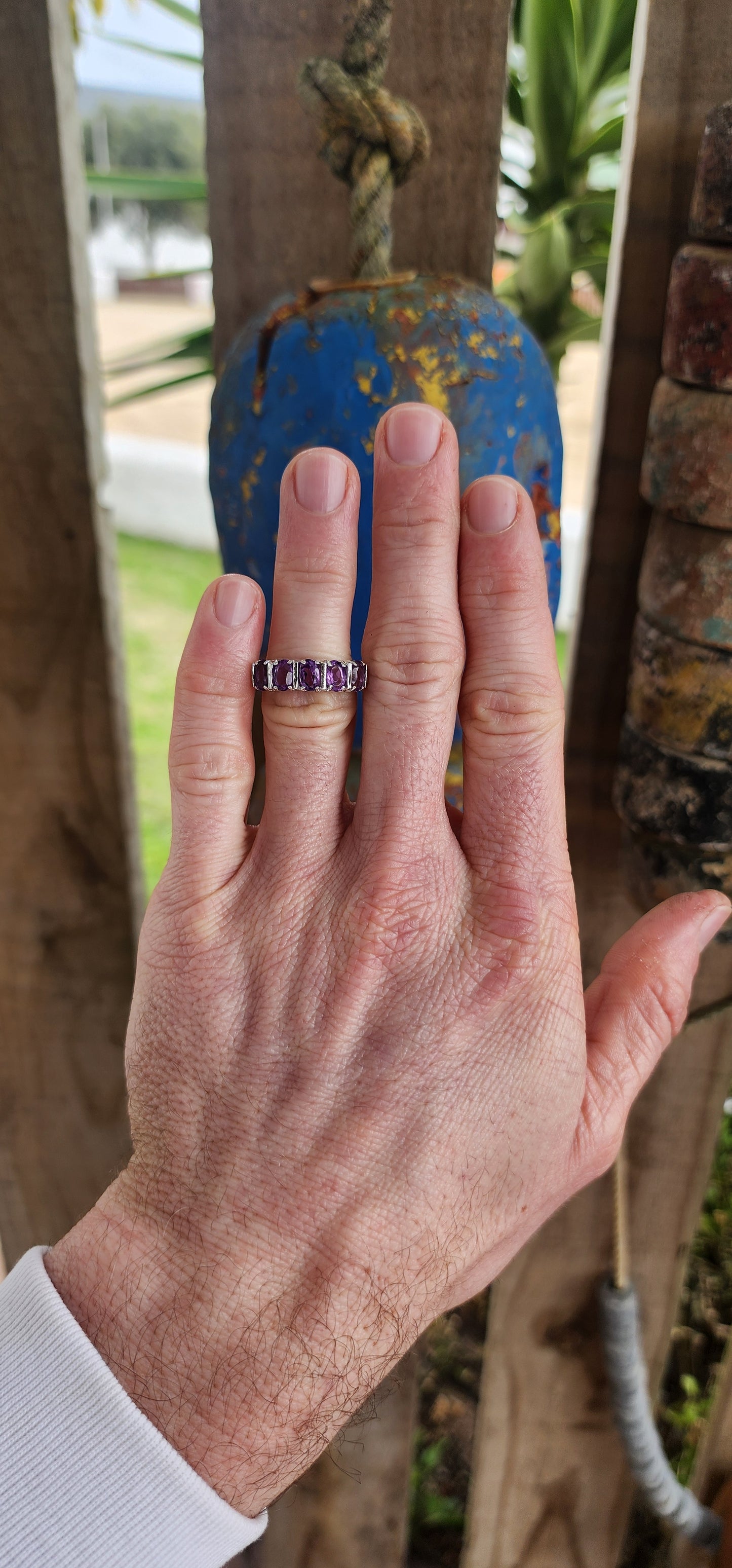 Sterling silver and Amerhyst half eternity stacking ring.