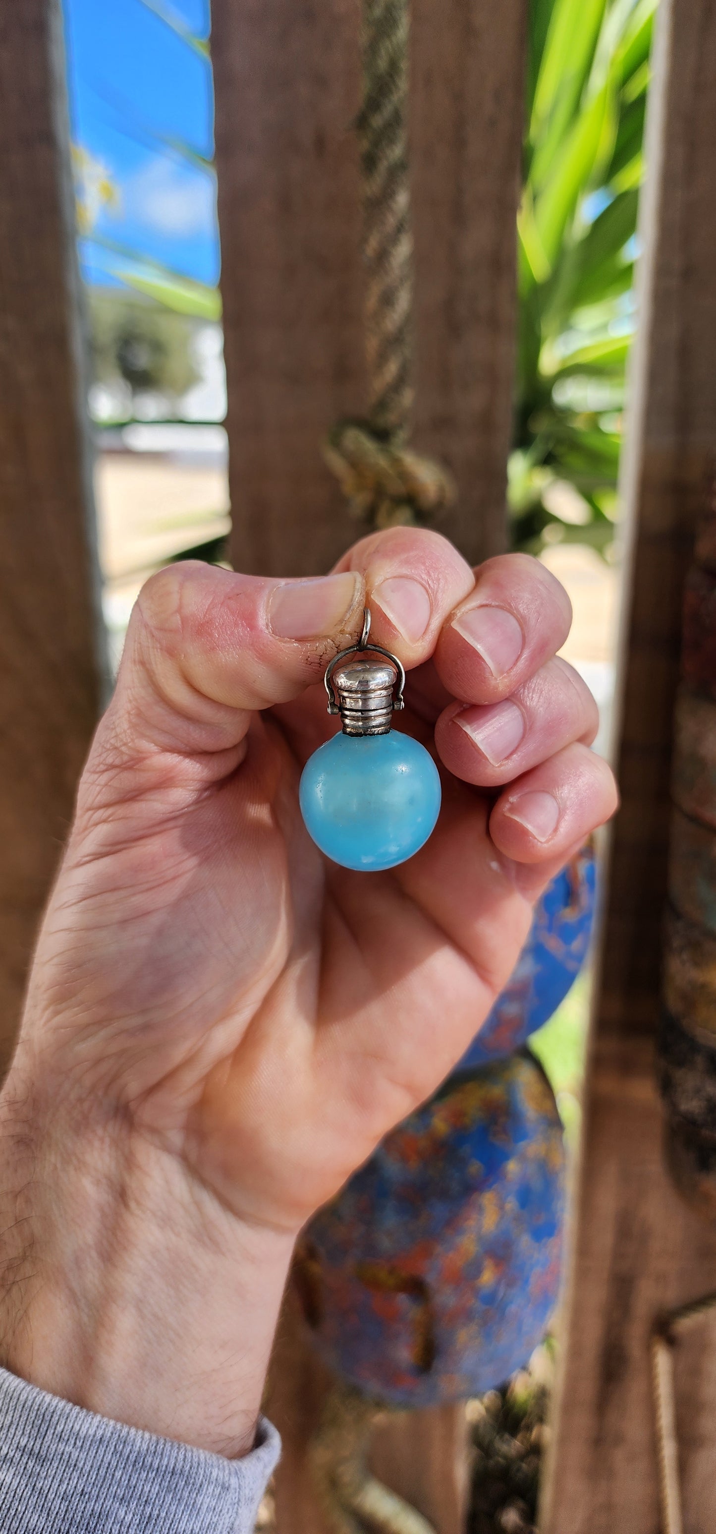 Antique French Sterling Silver & Blue Glass Chatelaine Perfume Flask Pendant (c.1900s)