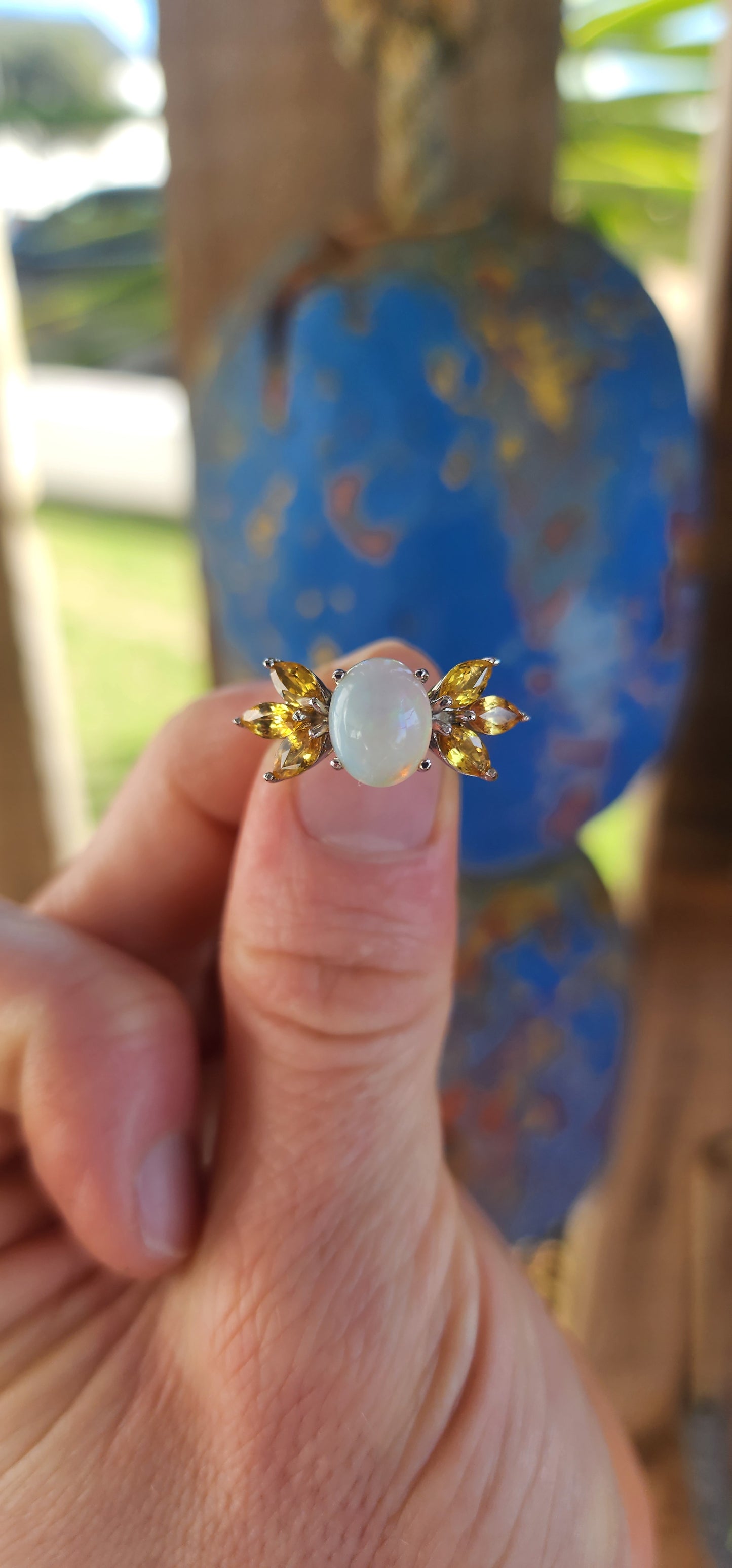 Sterling Silver Ethiopian Opal & Citrine Trilogy Dress Ring.