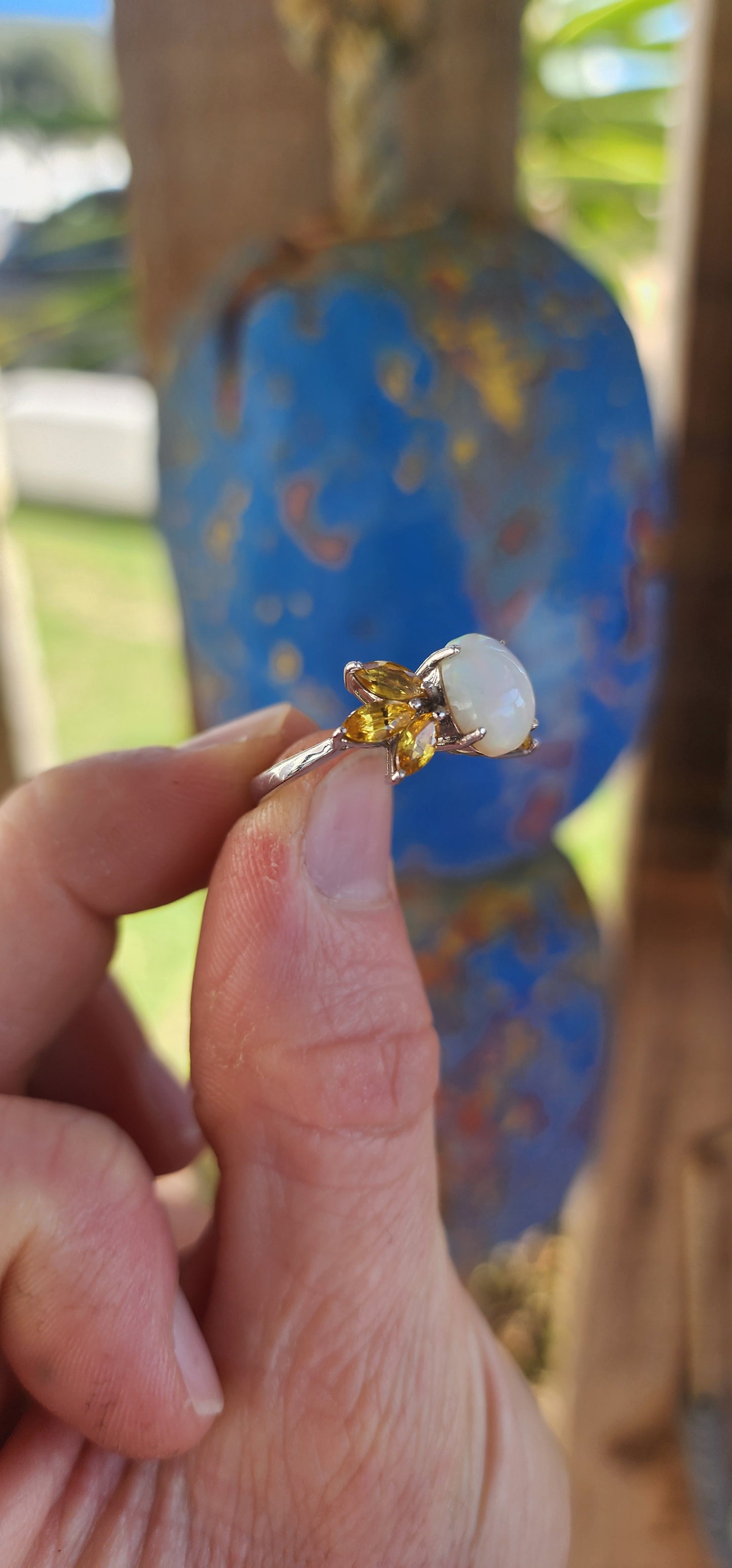 Sterling Silver Ethiopian Opal & Citrine Trilogy Dress Ring.