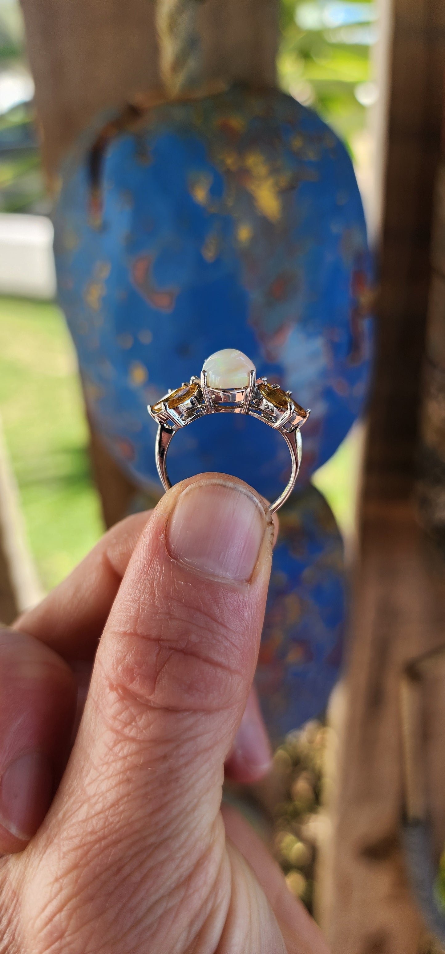 Sterling Silver Ethiopian Opal & Citrine Trilogy Dress Ring.