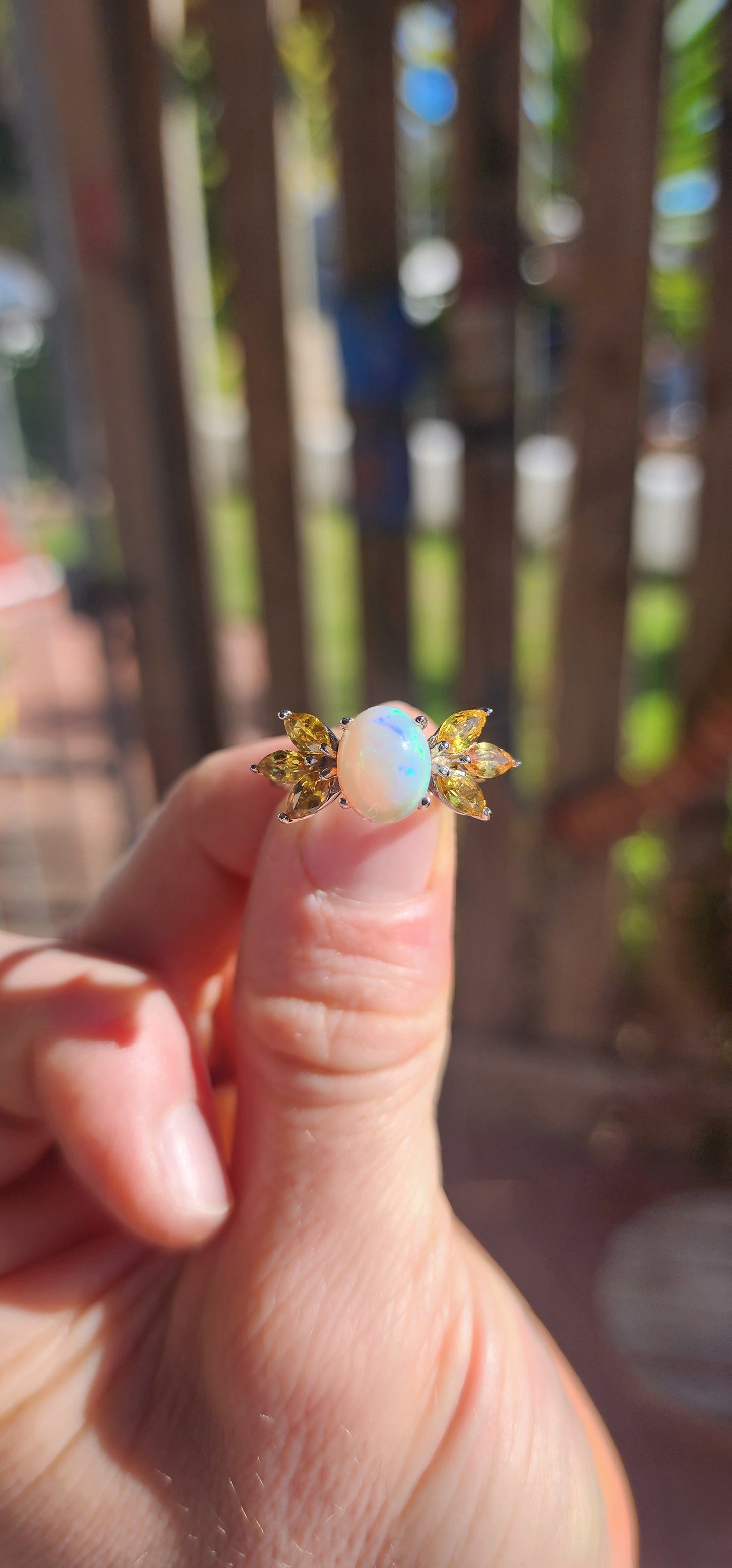 Sterling Silver Ethiopian Opal & Citrine Trilogy Dress Ring.