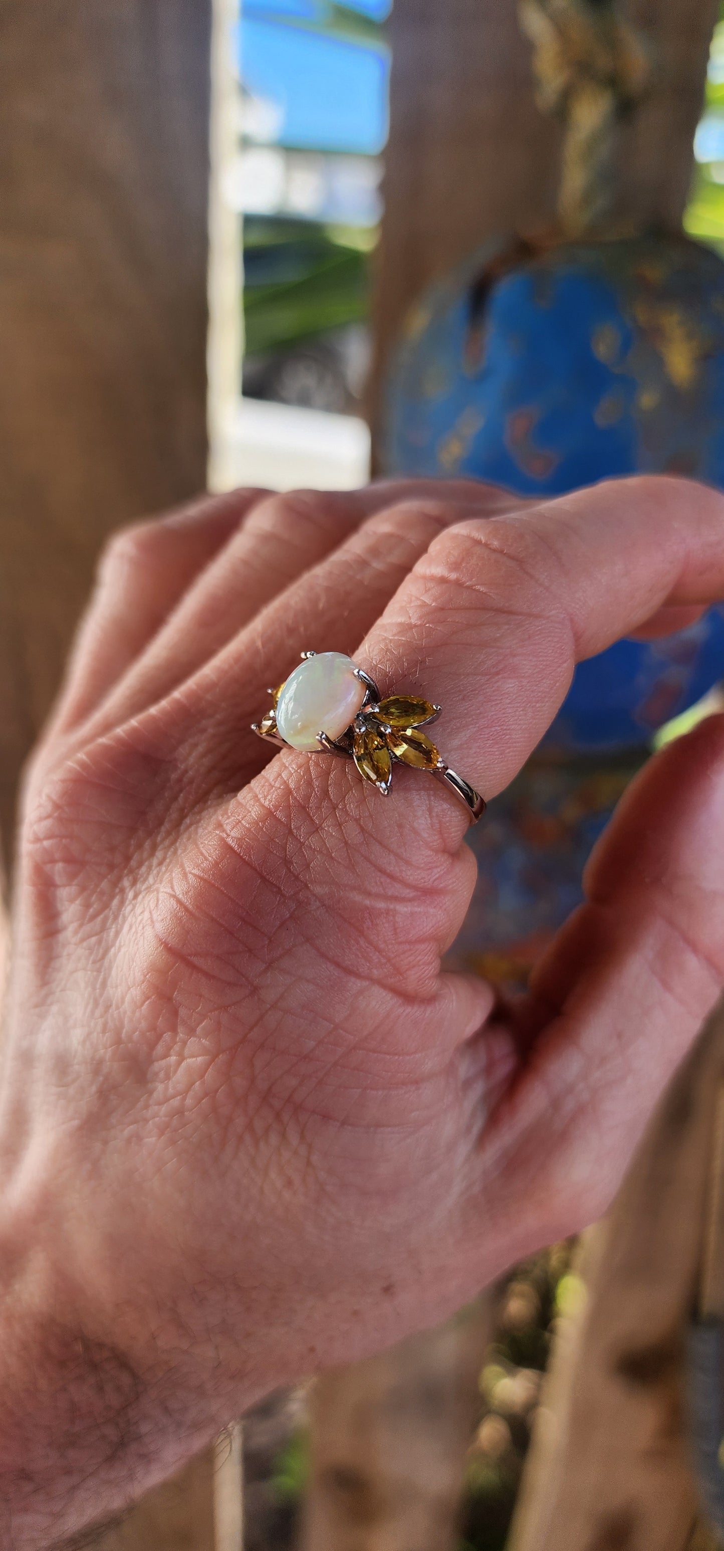 Sterling Silver Ethiopian Opal & Citrine Trilogy Dress Ring.