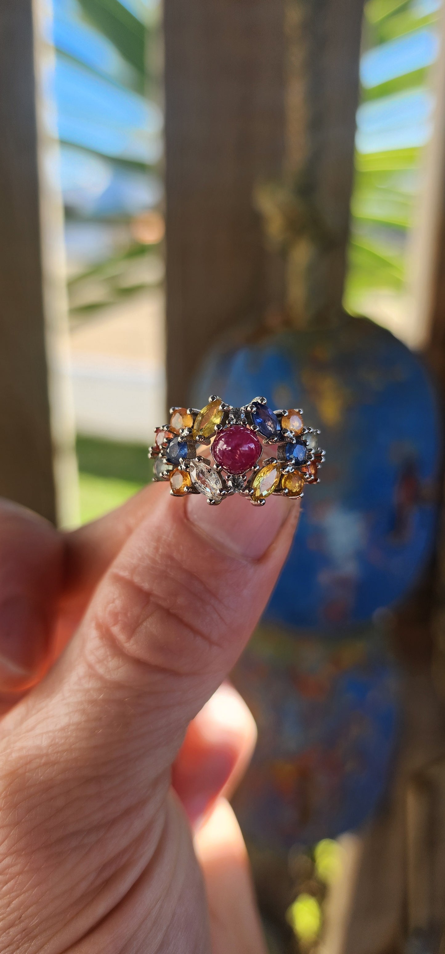A Magical Duo – Sterling Silver Star Ruby & Sapphire Cluster Ring with Matching Pendant.