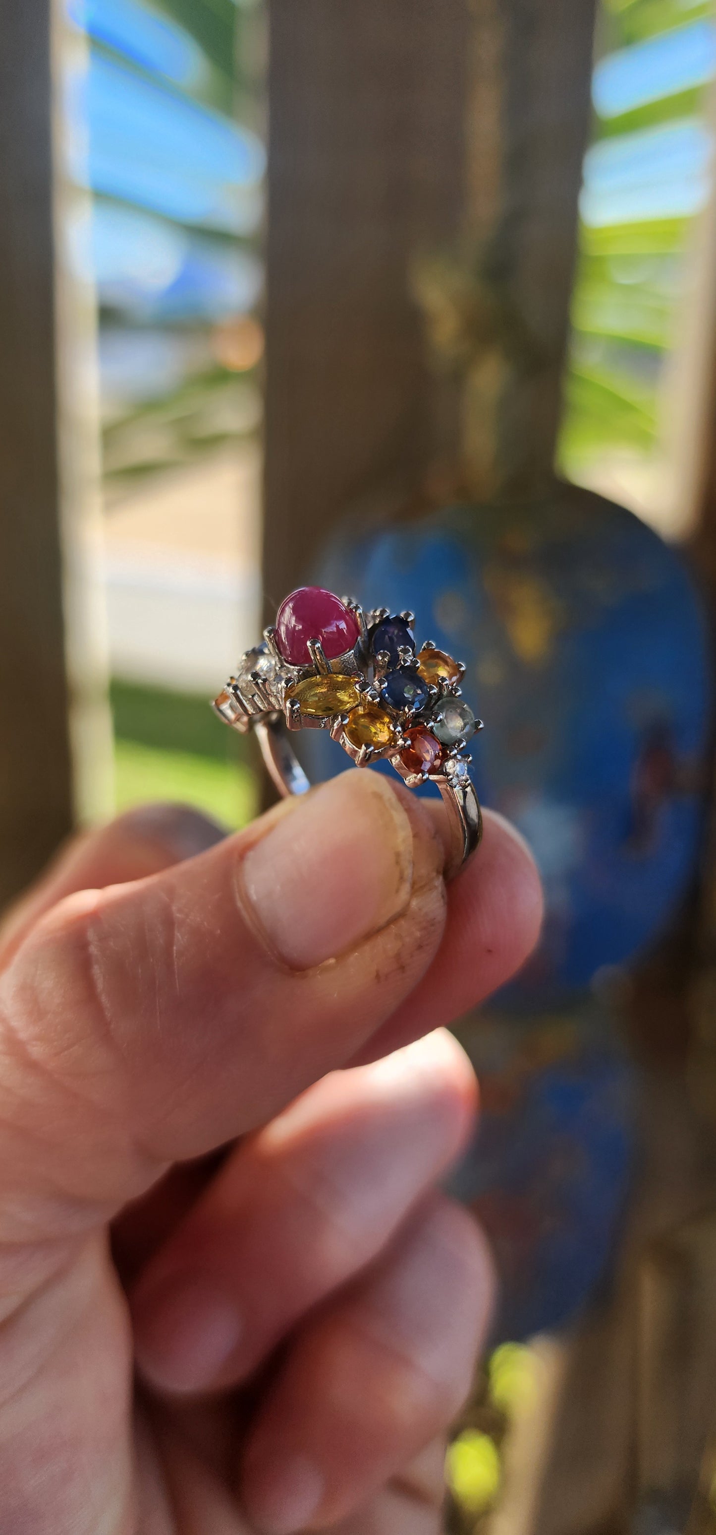 A Magical Duo – Sterling Silver Star Ruby & Sapphire Cluster Ring with Matching Pendant.