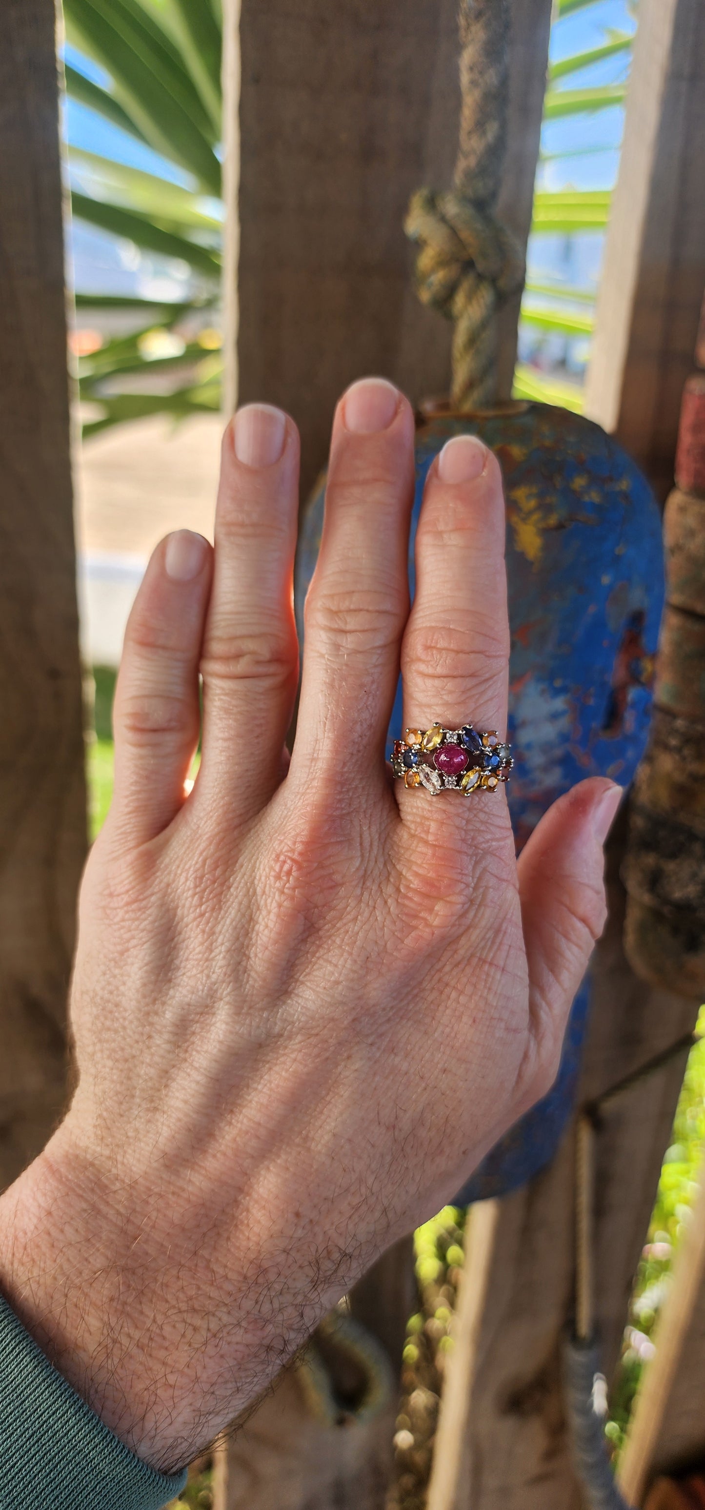 A Magical Duo – Sterling Silver Star Ruby & Sapphire Cluster Ring with Matching Pendant.
