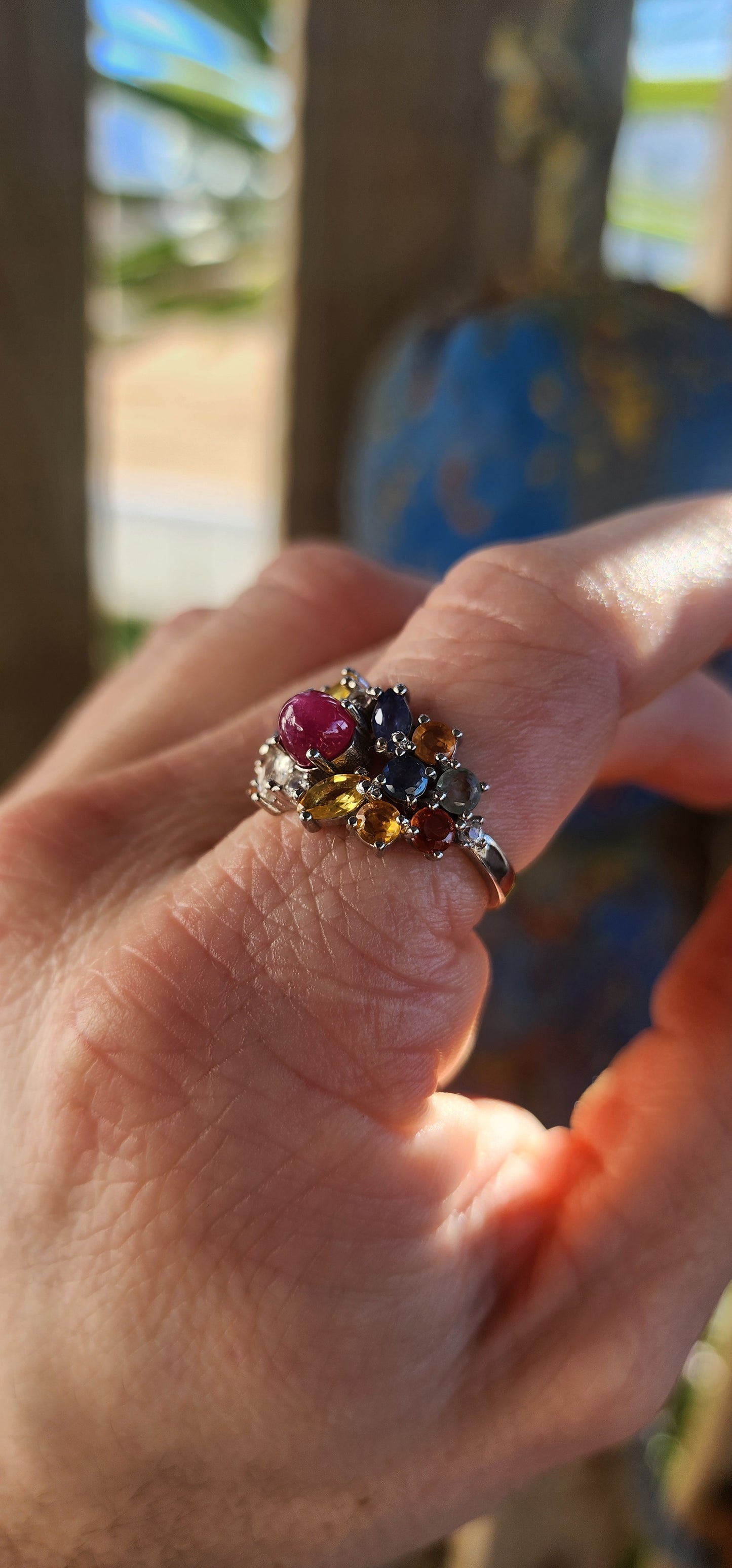 A Magical Duo – Sterling Silver Star Ruby & Sapphire Cluster Ring with Matching Pendant.