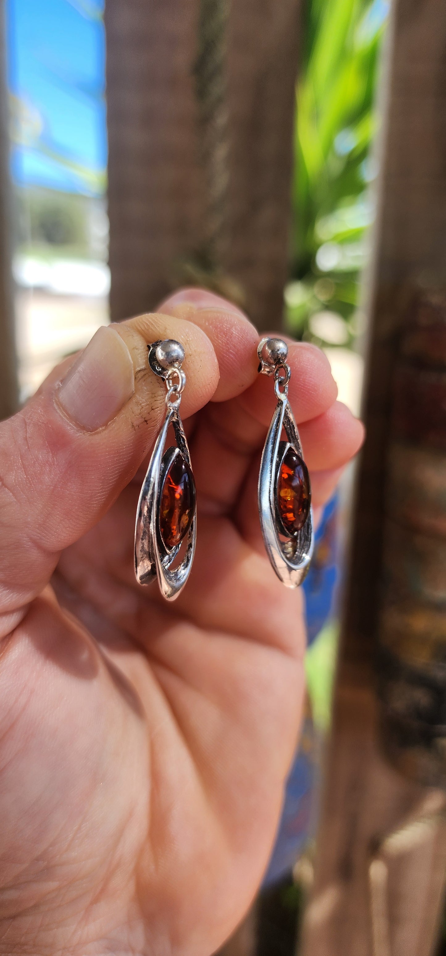 Vintage Sterling Silver & Baltic Amber Cabochon Drop Earrings.