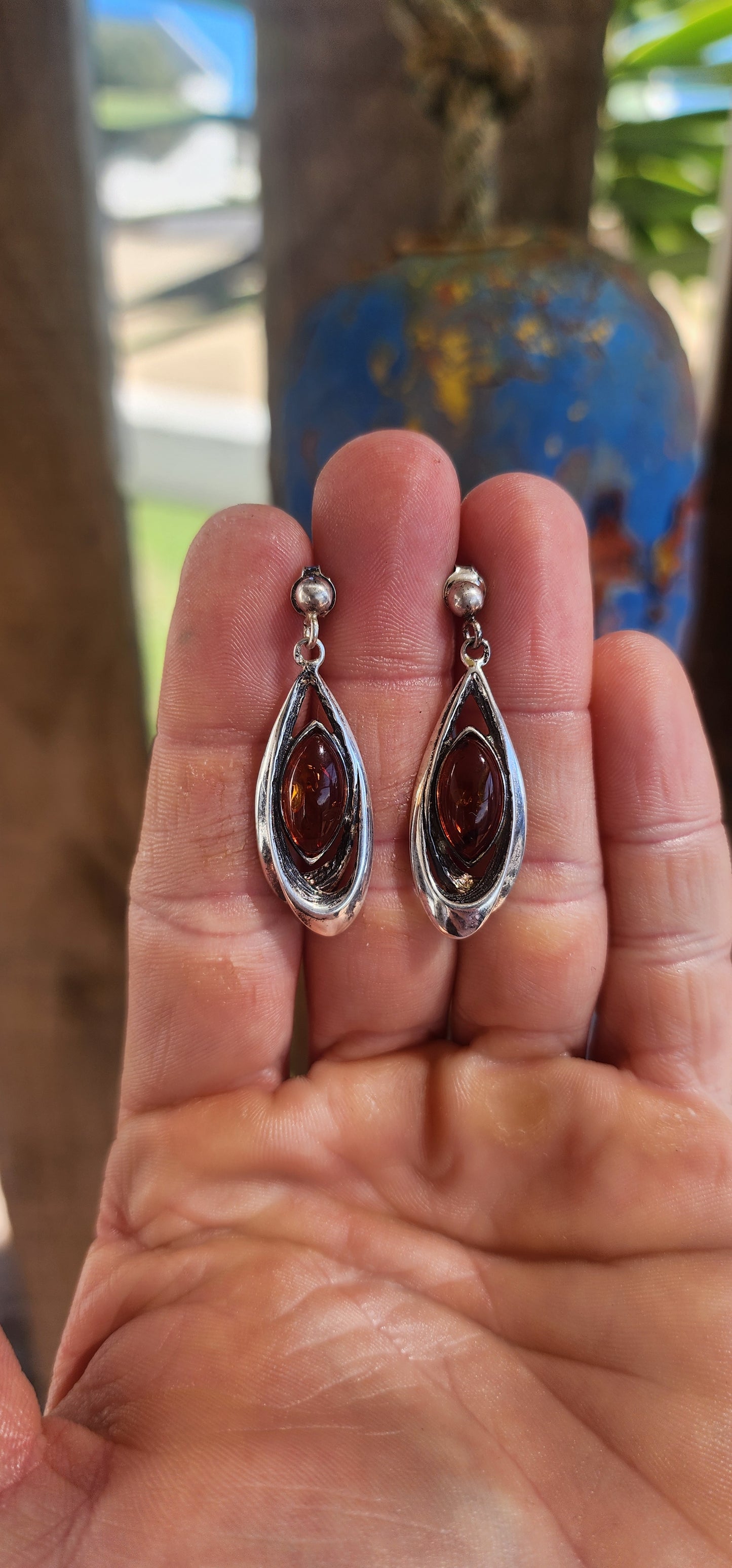 Vintage Sterling Silver & Baltic Amber Cabochon Drop Earrings.
