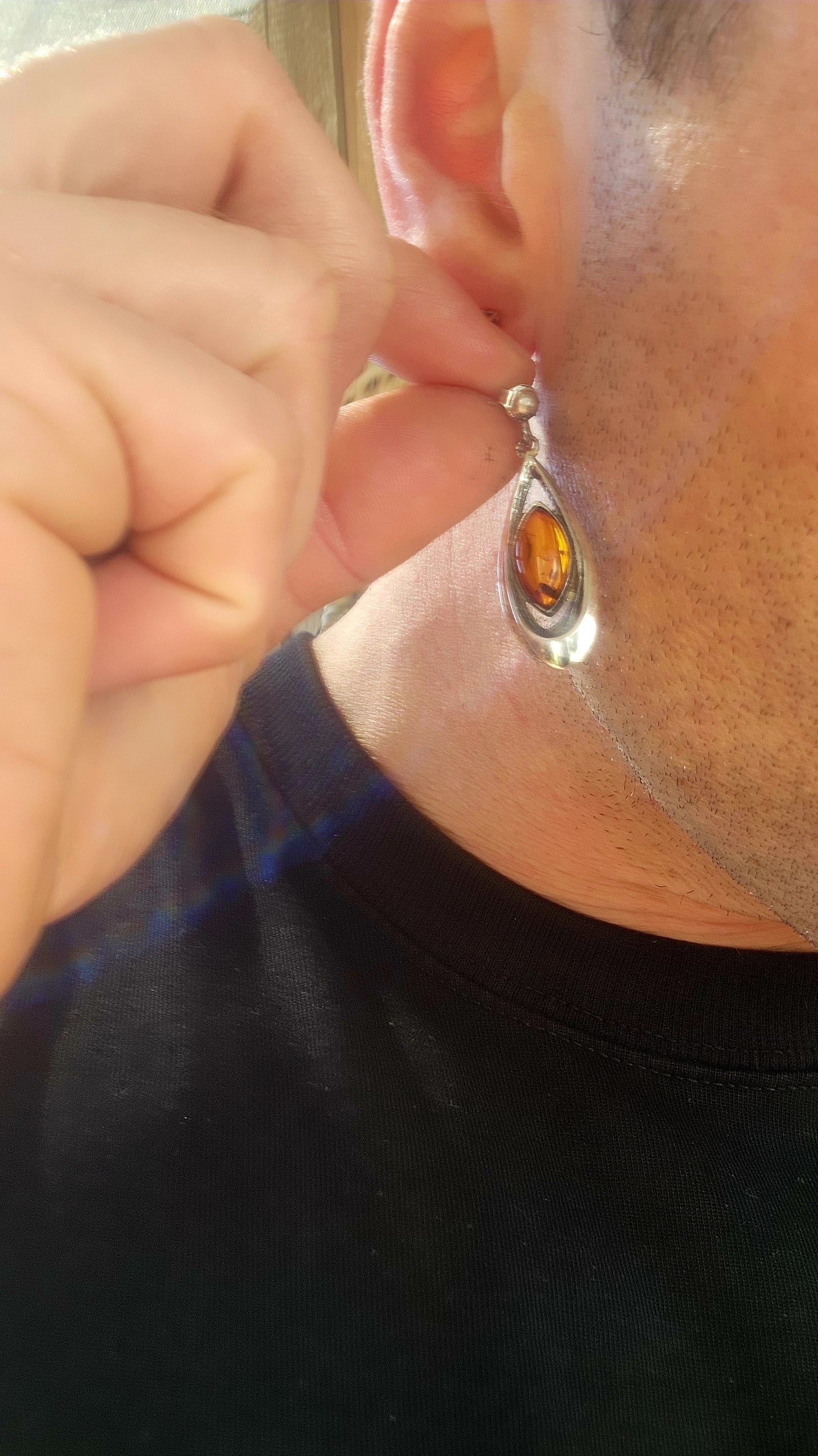 Vintage Sterling Silver & Baltic Amber Cabochon Drop Earrings.