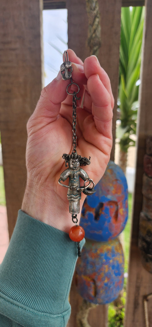 Marvelous antique Chinese Qing Dynasty (1644–1911) chatelaine sewing needle case, exquisitely handcrafted in low-grade silver. This piece is both practical and symbolic – a glimpse into the artistry of everyday life in old China.