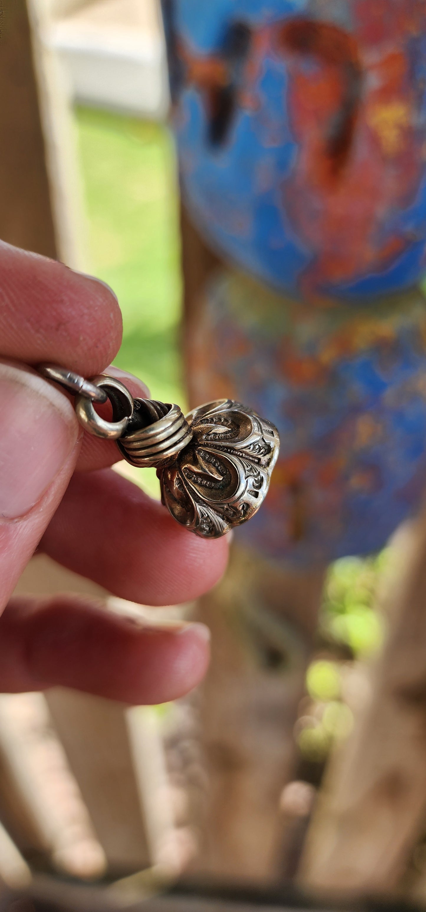 Antique Victorian era silver-plated fob seal pendant.
Exquisitely crafted, the top features an intricate knot design — often interpreted as a symbol of unity, continuity, and eternal bonds.