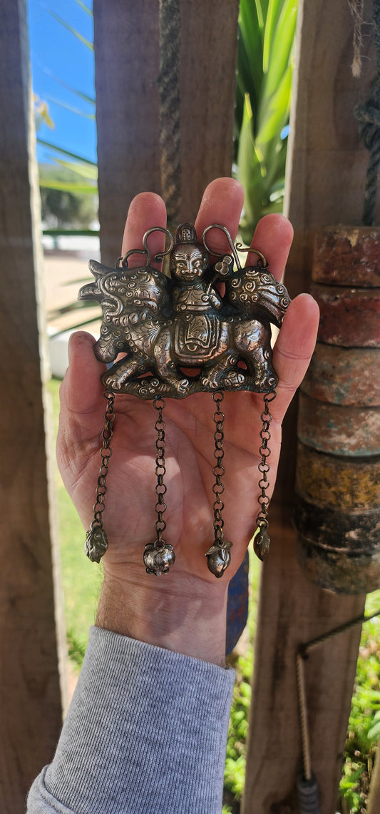 Oversized Antique Chinese Silvertone Pendant Depicting a Warrior on a Qilin with Longevity Charms.