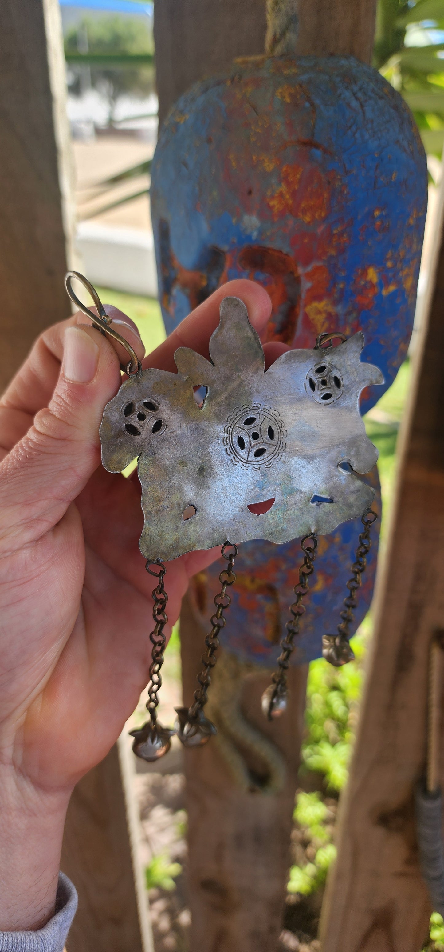Oversized Antique Chinese Silvertone Pendant Depicting a Warrior on a Qilin with Longevity Charms.