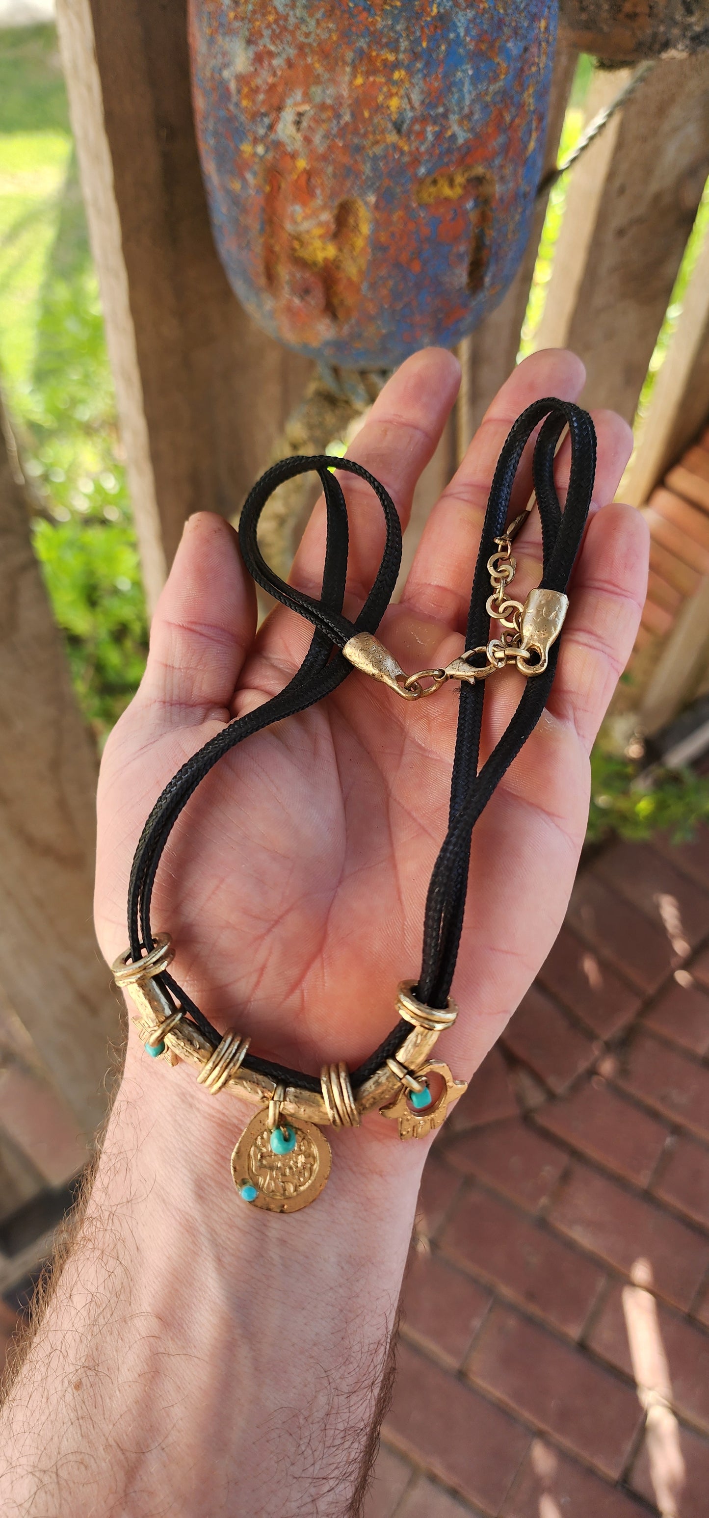 This striking designer costume necklace hails from Danon, one of Israel’s most beloved jewelry houses known for blending ancient symbolism with modern bohemian style.