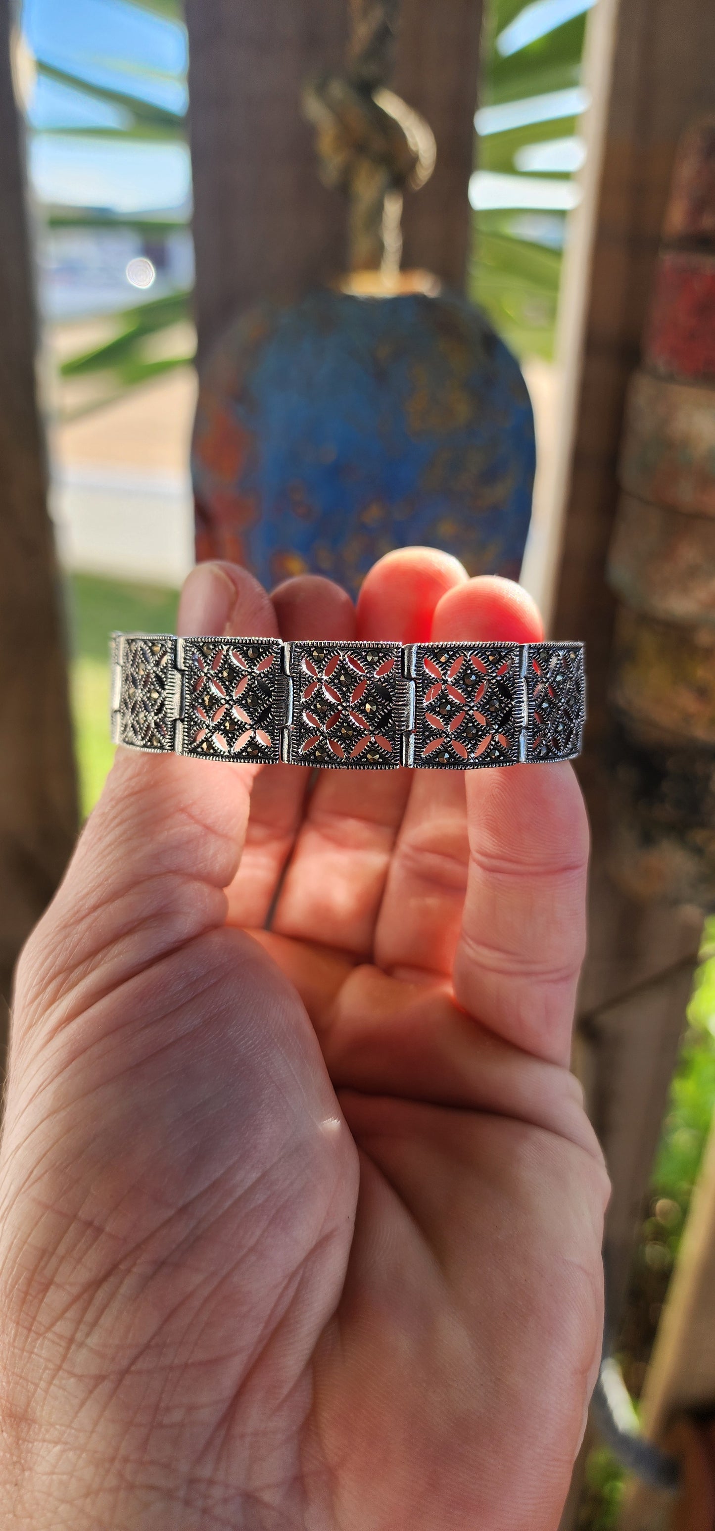 Exquisite and substantial Art Deco revival sterling silver and marcasite panel bracelet.