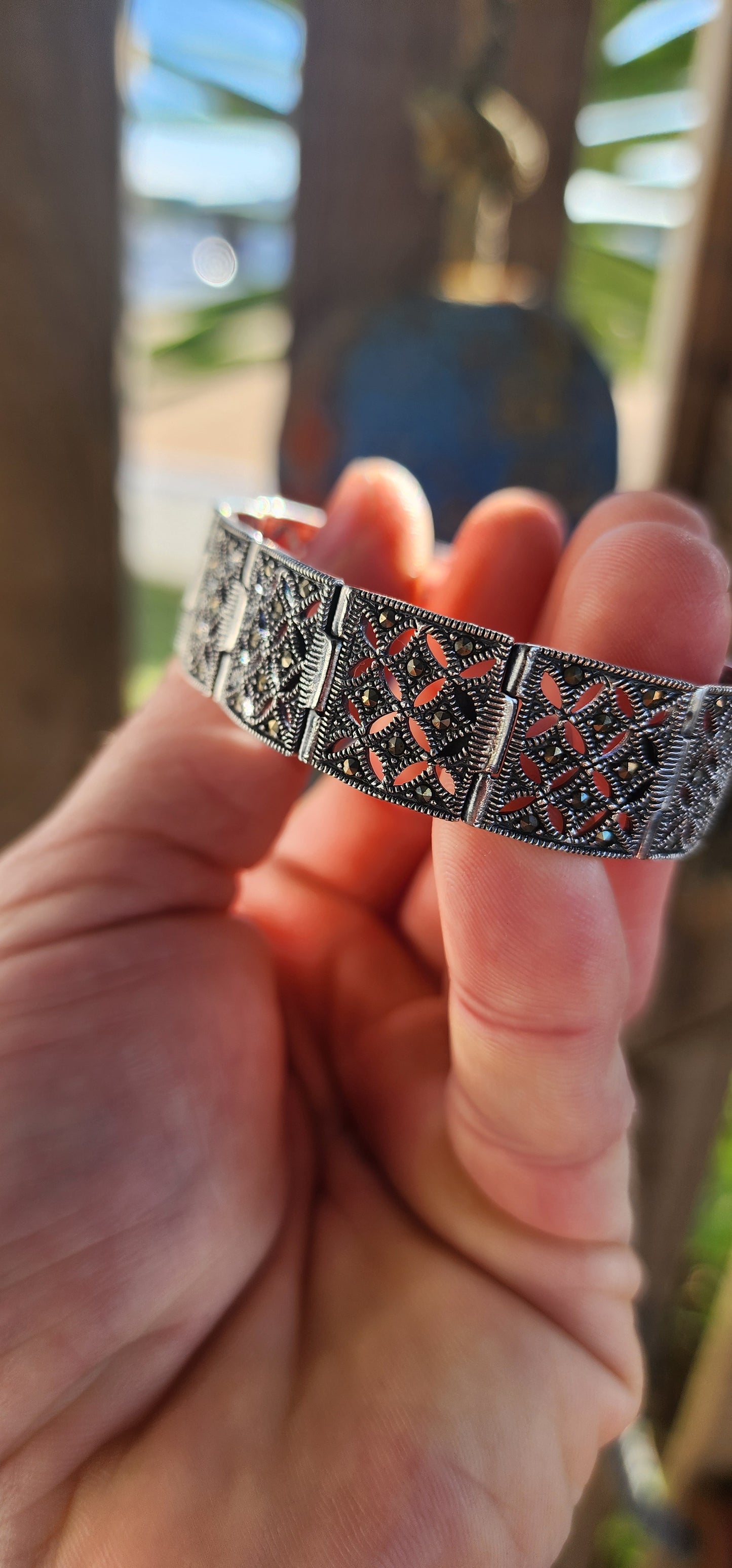 Exquisite and substantial Art Deco revival sterling silver and marcasite panel bracelet.