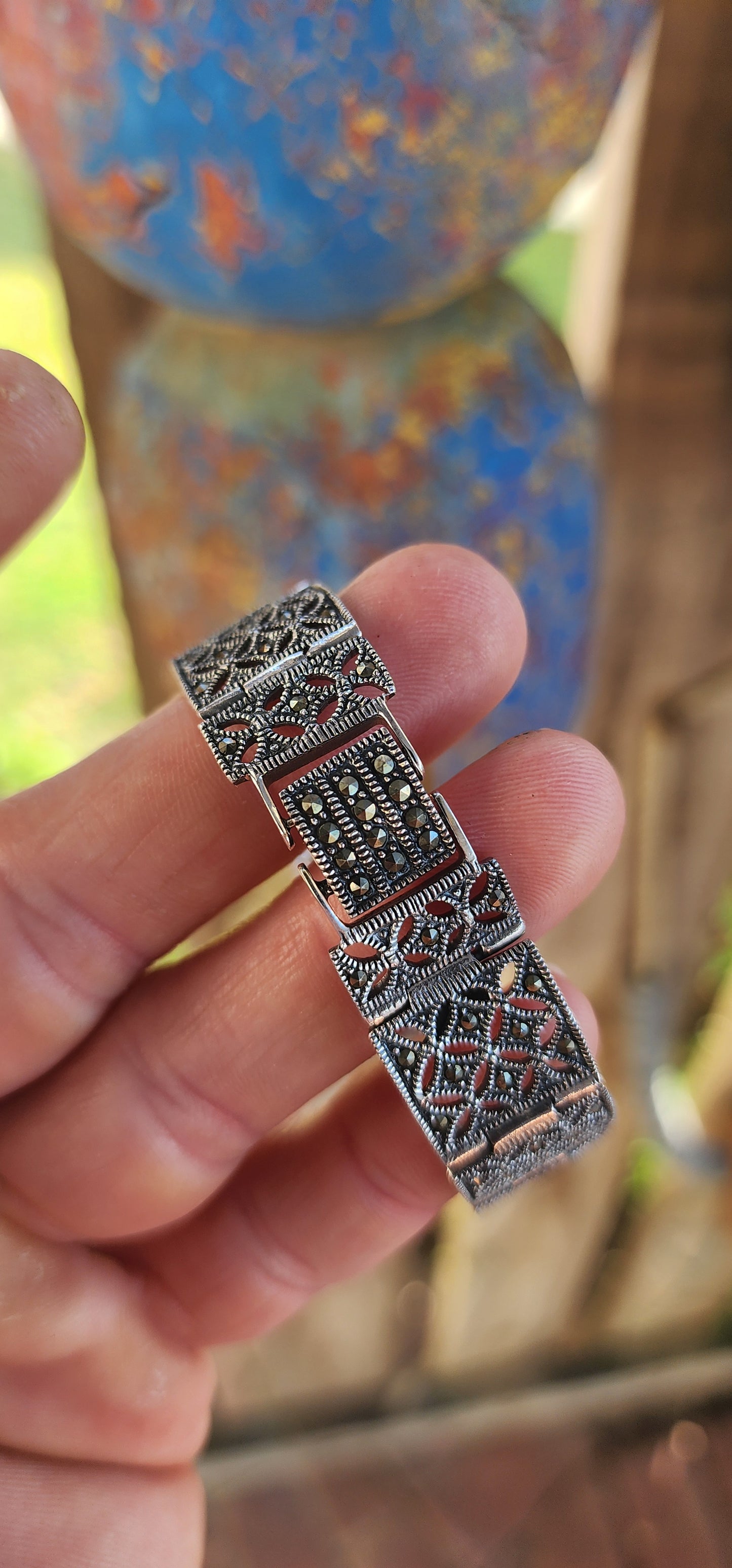 Exquisite and substantial Art Deco revival sterling silver and marcasite panel bracelet.