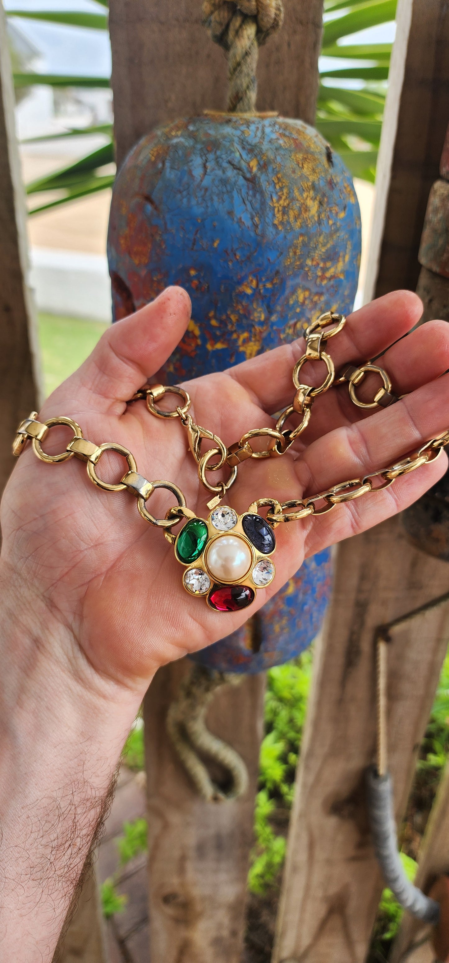 Vintage circa 1960s chunky designer costume necklace by Monet, the American jewelry house celebrated for its luxurious gold-plated finishes and mid-century glamour.