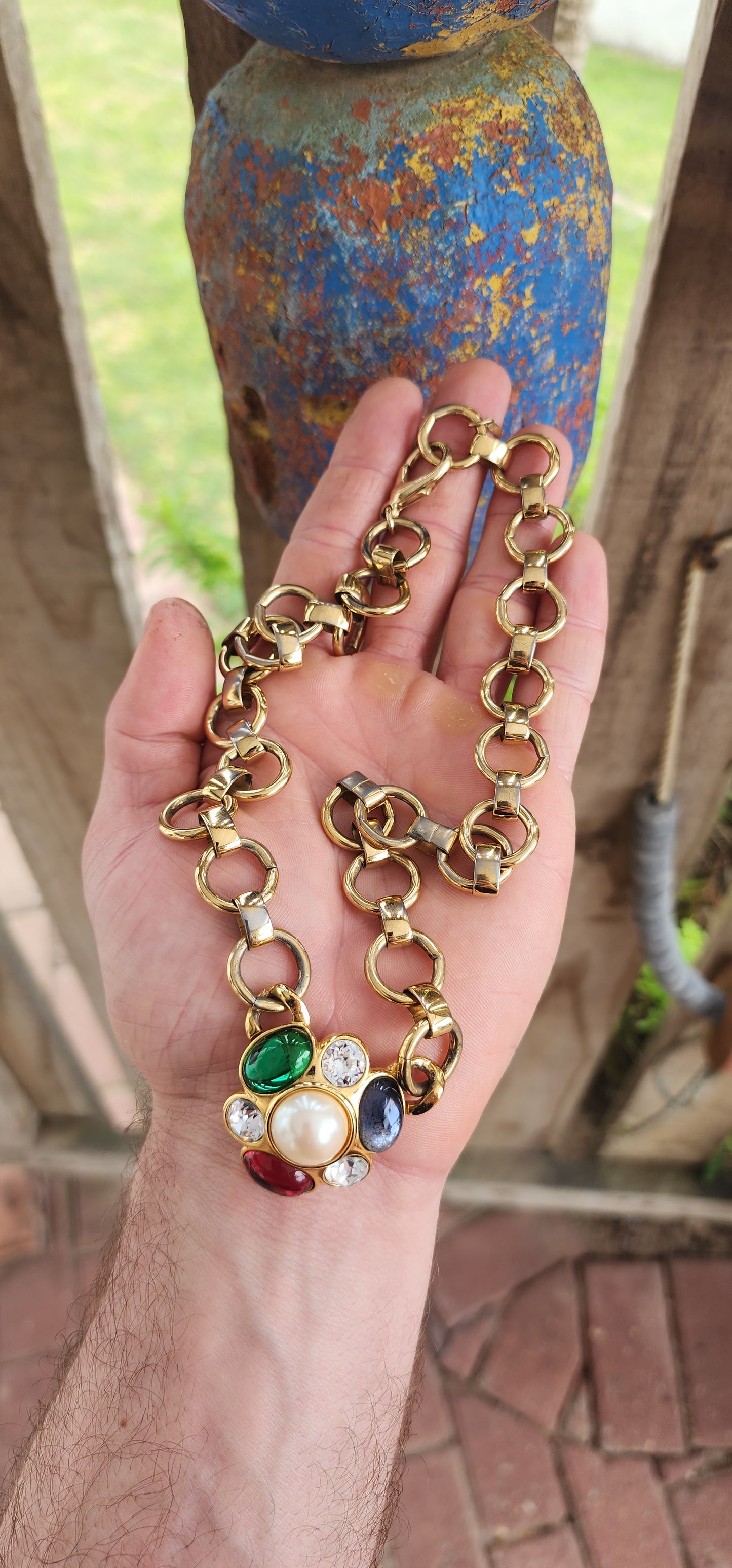 Vintage circa 1960s chunky designer costume necklace by Monet, the American jewelry house celebrated for its luxurious gold-plated finishes and mid-century glamour.