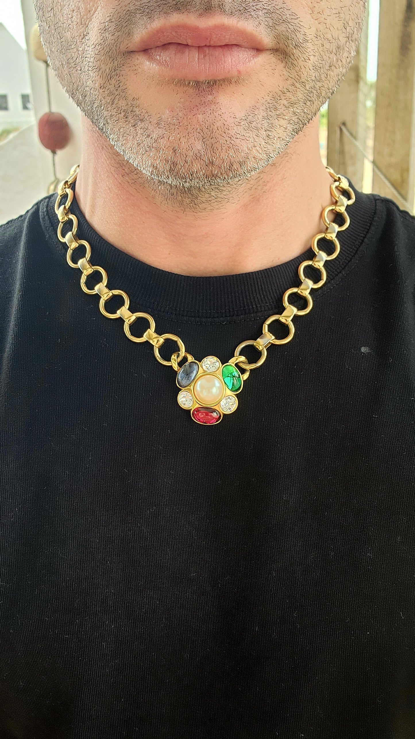 Vintage circa 1960s chunky designer costume necklace by Monet, the American jewelry house celebrated for its luxurious gold-plated finishes and mid-century glamour.