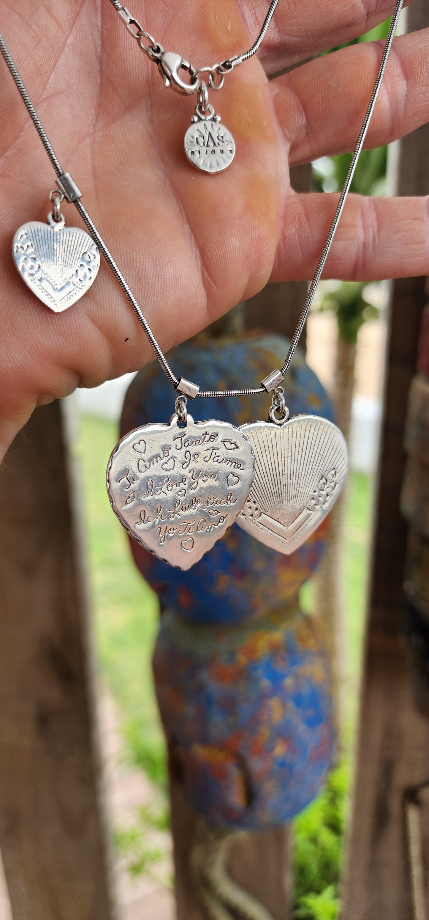 Designer costume silver-plated “I Love You” necklace by the renowned French jewelry house Gas Bijoux.