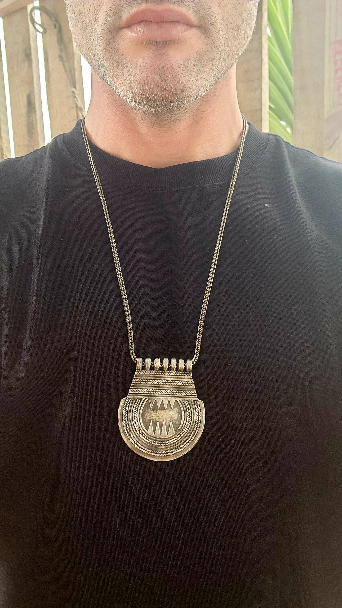 Marvelous vintage ethnic Saharan Berber Tuareg pendant necklace, exquisitely handcrafted in silver plate and suspended from an extra-length woven foxtail chain.