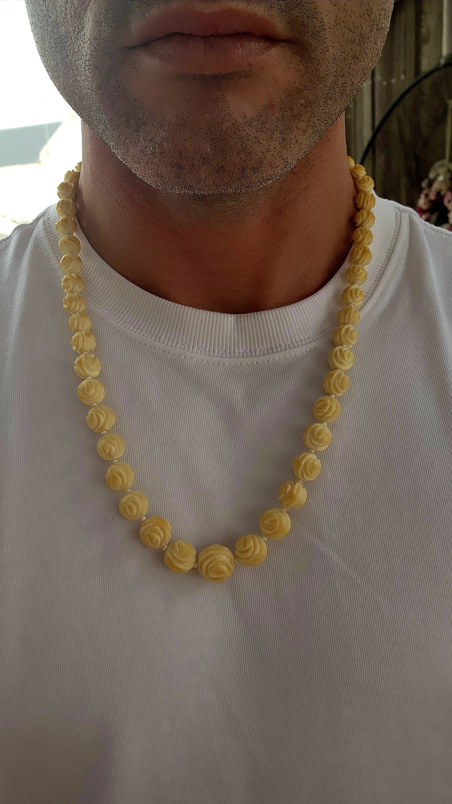 “A Garden of Ivory Roses”
An absolutely sublime antique treasure — this extra-length strand of hand-carved pre-ban ivory beads is a masterpiece of craftsmanship and grace.