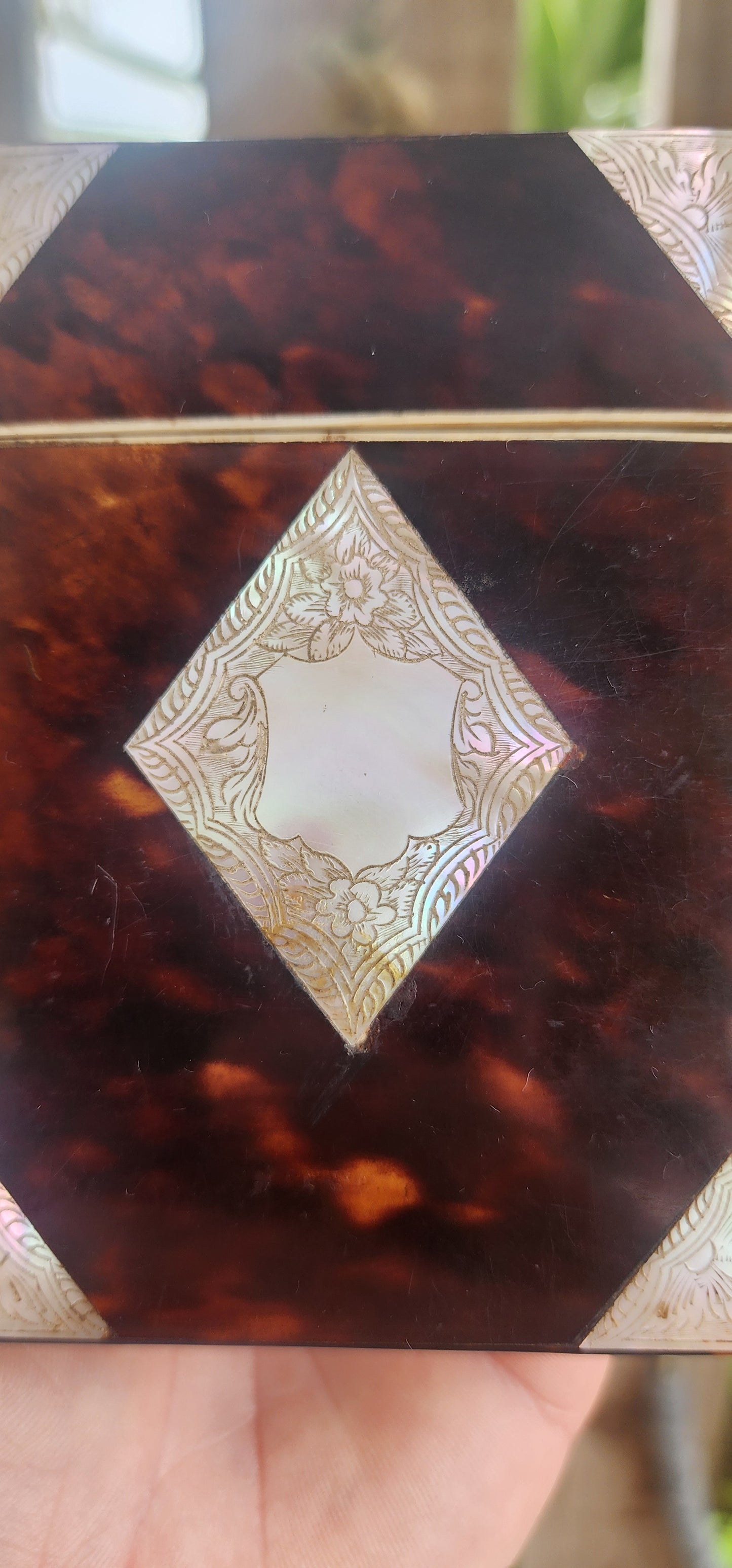 A truly magnificent Antique Victorian late 19th-century calling (visiting) card case, exquisitely hand-crafted from rich, dark blonde tortoiseshell and adorned with luxurious mother-of-pearl inlays.