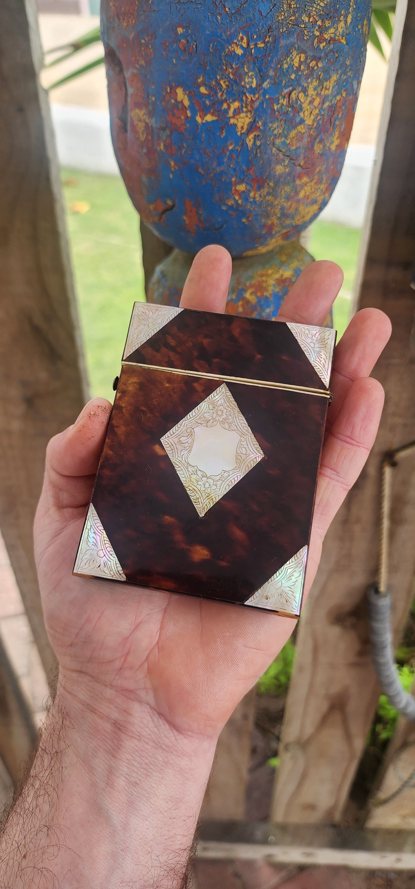 A truly magnificent Antique Victorian late 19th-century calling (visiting) card case, exquisitely hand-crafted from rich, dark blonde tortoiseshell and adorned with luxurious mother-of-pearl inlays.